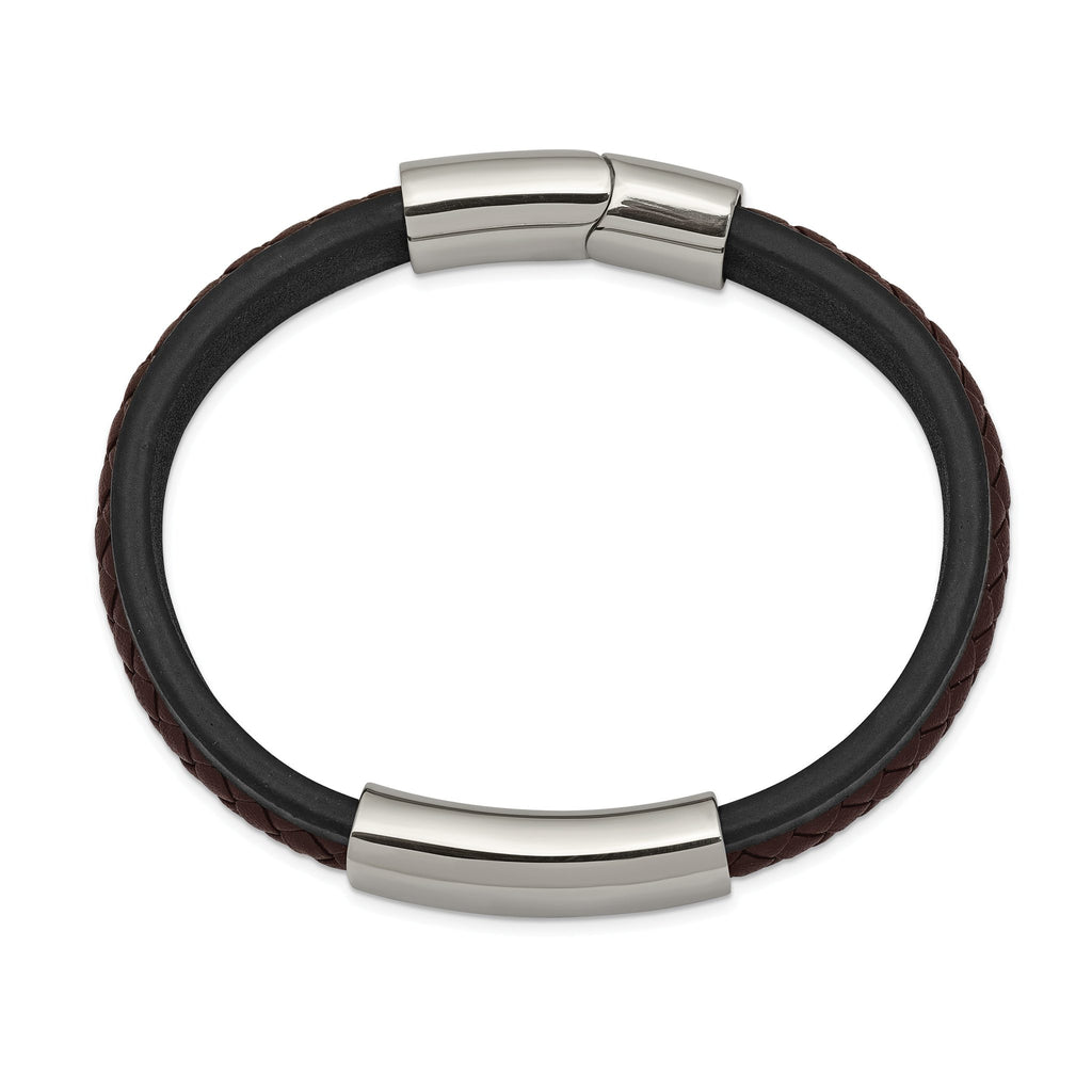 Stainless Steel Polished Black and Brown Braided Leather ID Bracelet for Men