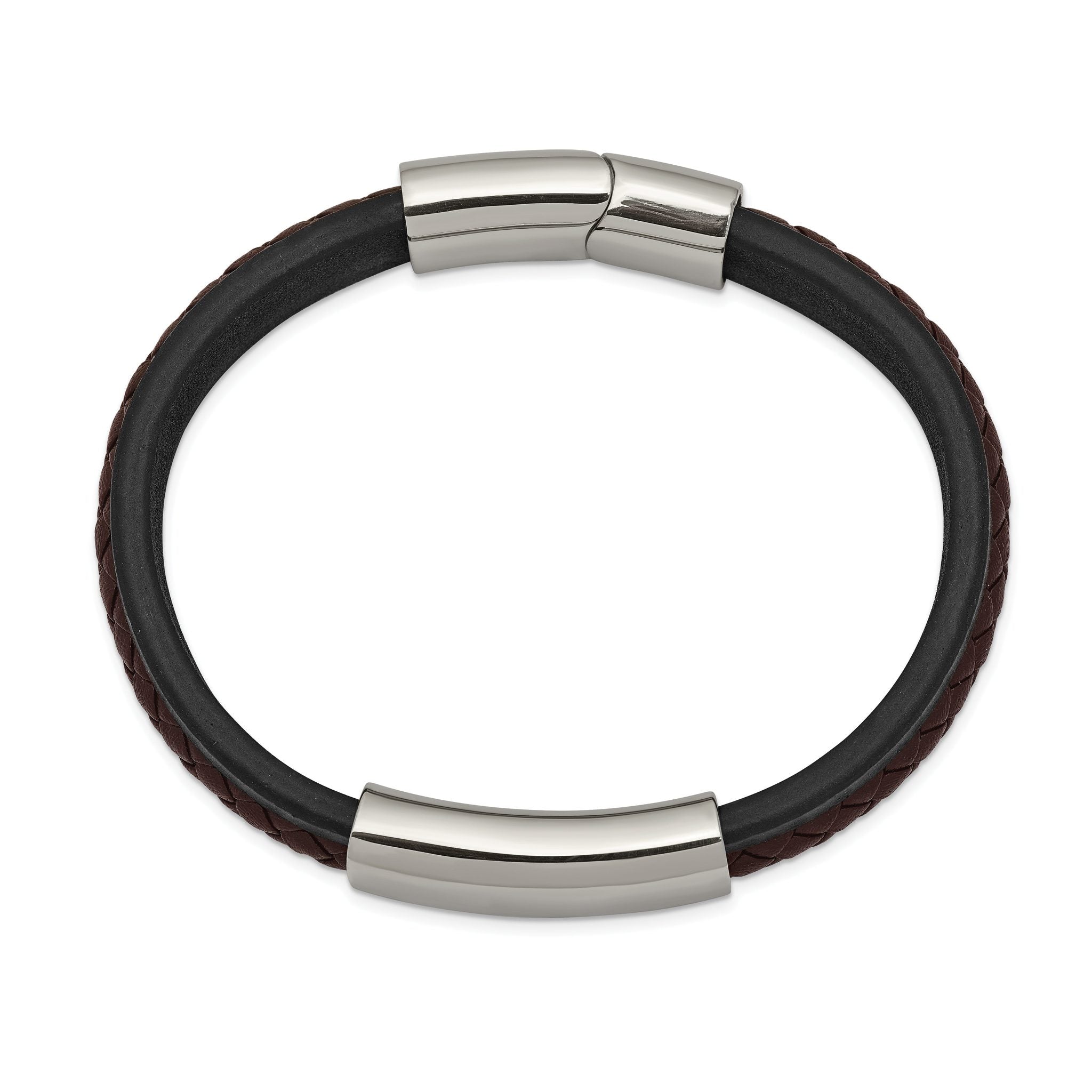 Stainless Steel Polished Black and Brown Braided Leather ID Bracelet for Men