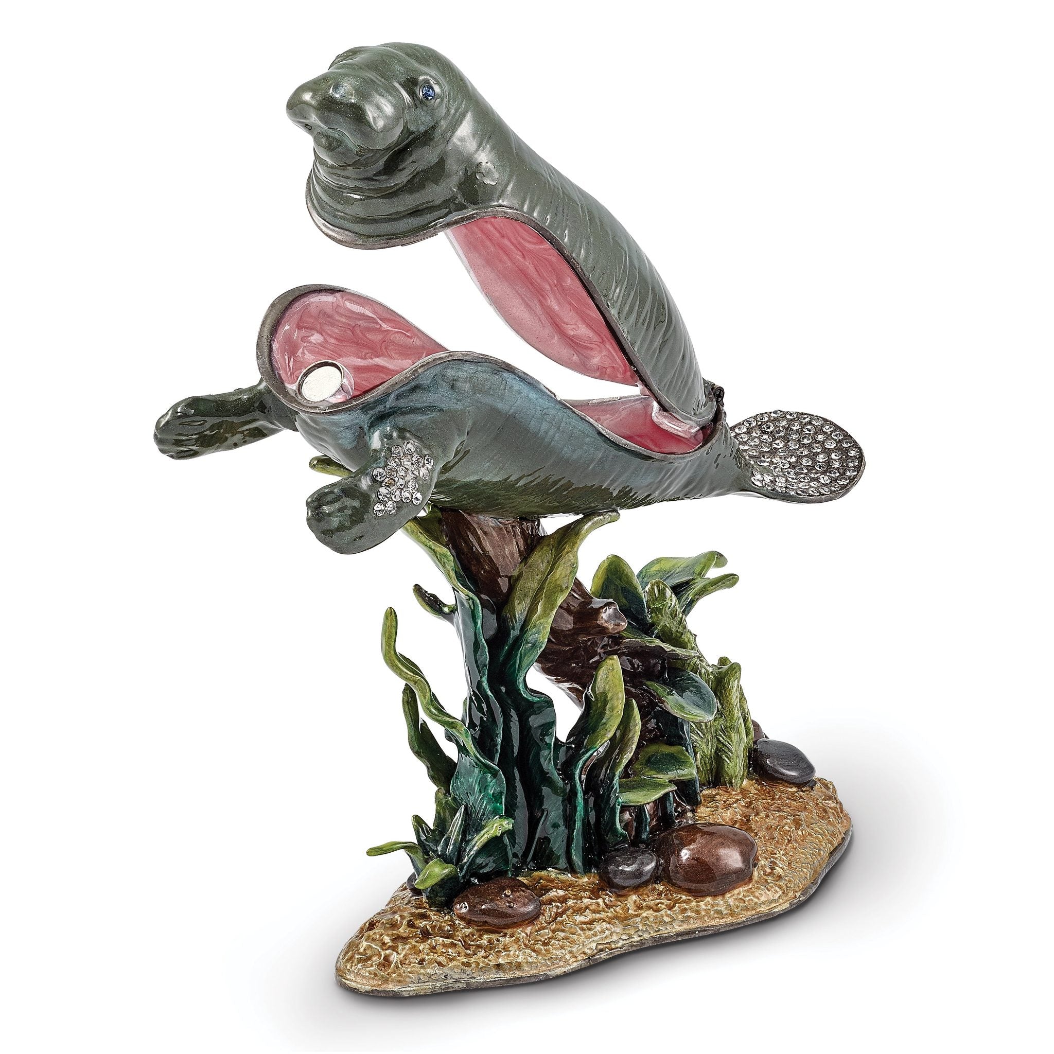 Luxury Giftware by Jere Pewter Bejeweled Crystals Pewter-tone Enameled MANNY Manatee With Seaweed Trinket Box with Matching 18 Inch Necklace Secondary image