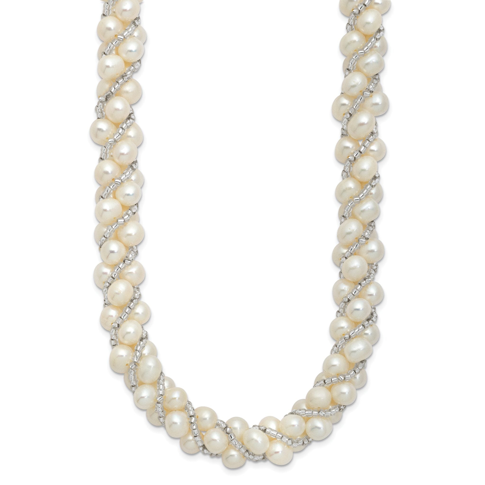 Sterling Silver Rhodium-plated 6-7mm White Near-Round Pearl and Glass Beaded Twisted 18 inch Necklace Secondary image