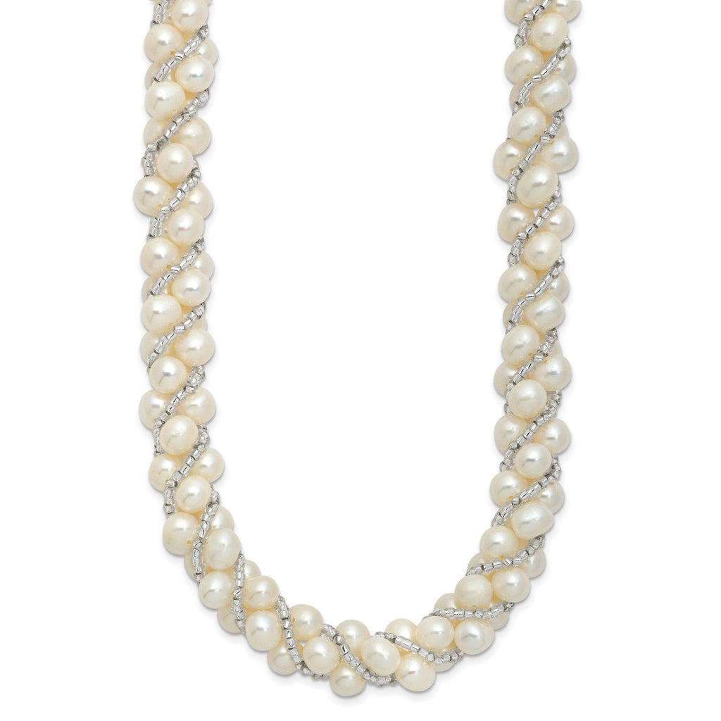 Sterling Silver Rhodium-plated 6-7mm White Near-Round Pearl and Glass Beaded Twisted 18 inch Necklace