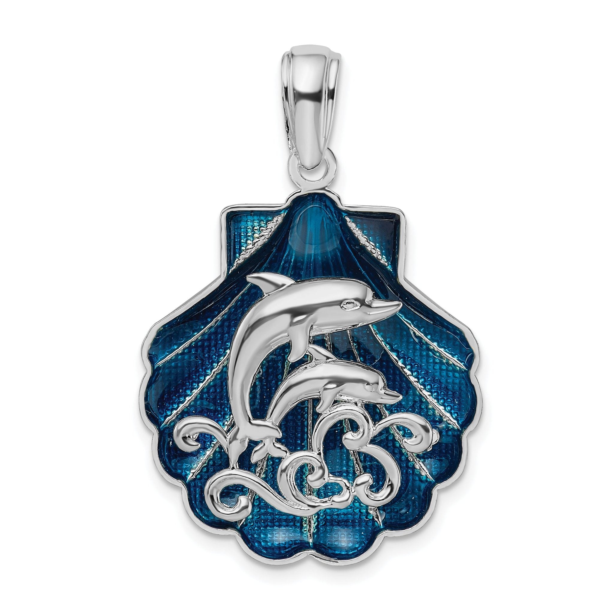 De-Ani Sterling Silver Rhodium-Plated Enameled Blue Shell with Dolphins Pendant Main image