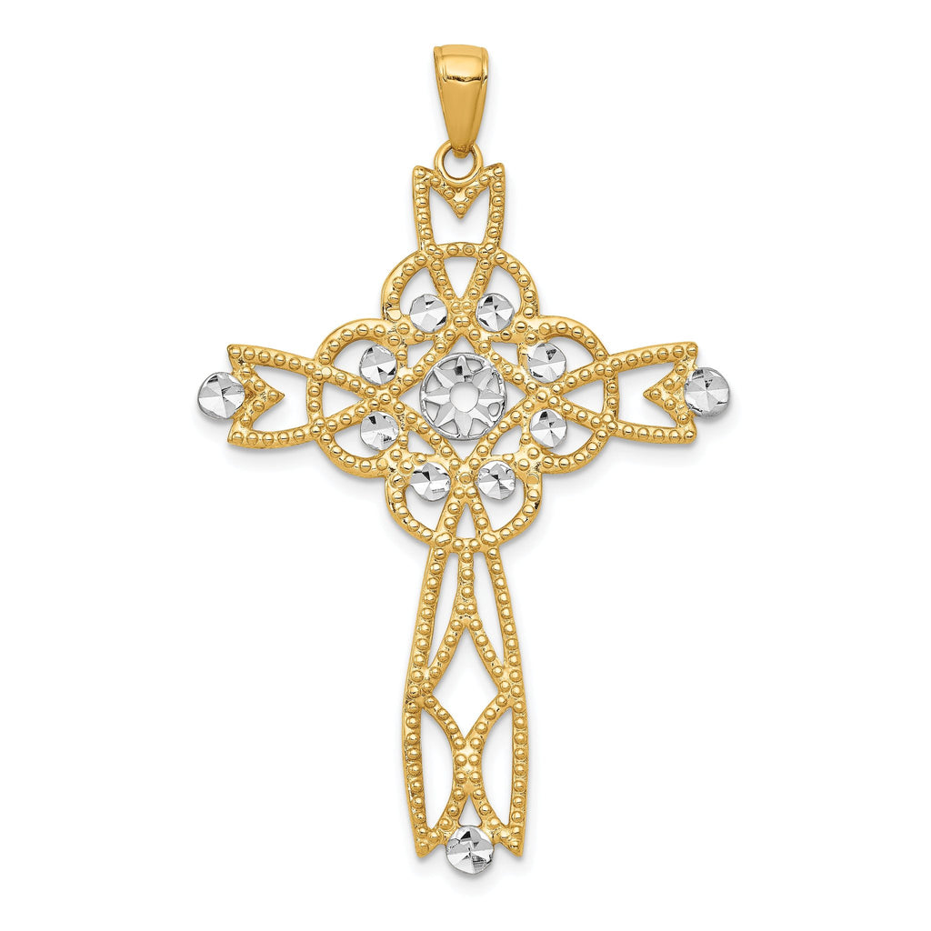 14K Gold Infinity Cross Pendant with Rhodium Diamond-Cut Beaded Trim