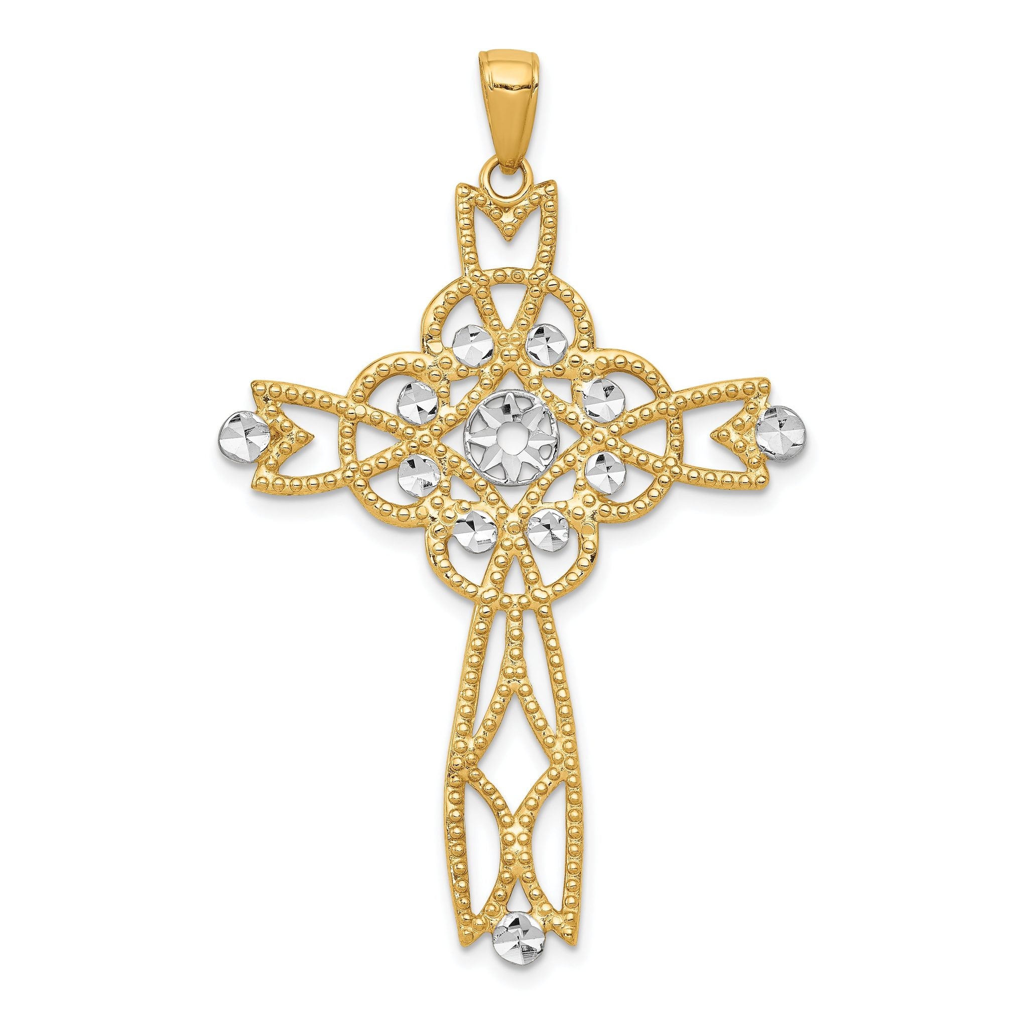 14K Gold Infinity Cross Pendant with Rhodium Diamond-Cut Beaded Trim