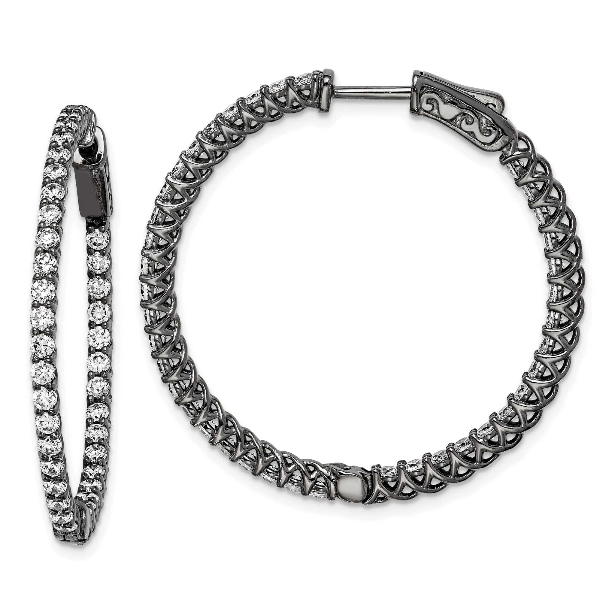 Sterling Shimmer Black Rhodium-plated 78 Stone 2mm CZ In and Out Round Hinged Hoop Earrings Main image