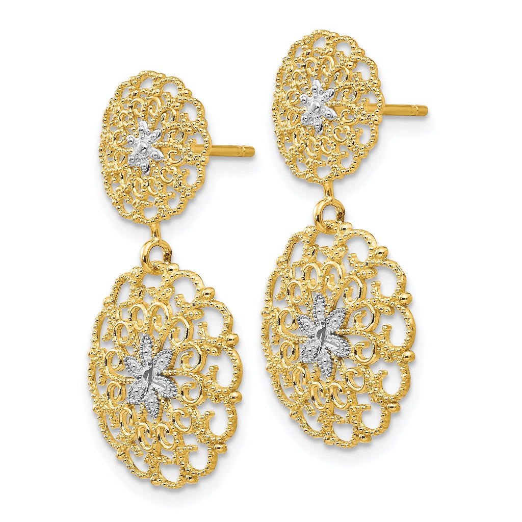 14K Gold & Rhodium Filigree Medallion Drop Earrings  Polished, Diamond-Cut Design