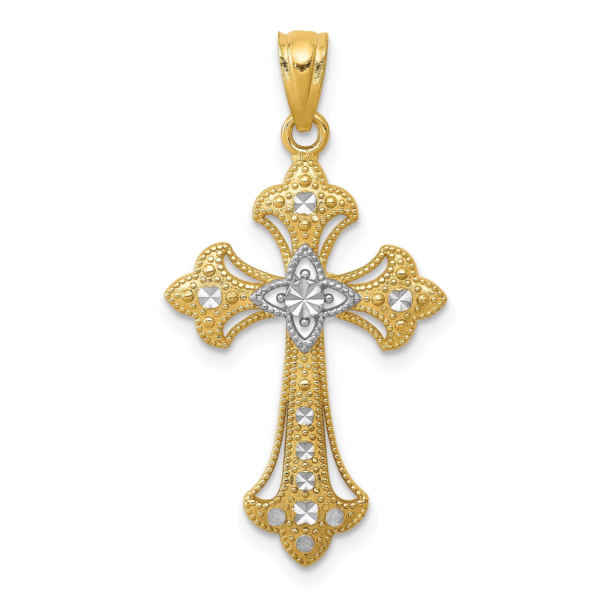 14K Gold Rhodium-Plated Diamond-Cut Cross Pendant  Elegant Solid Design