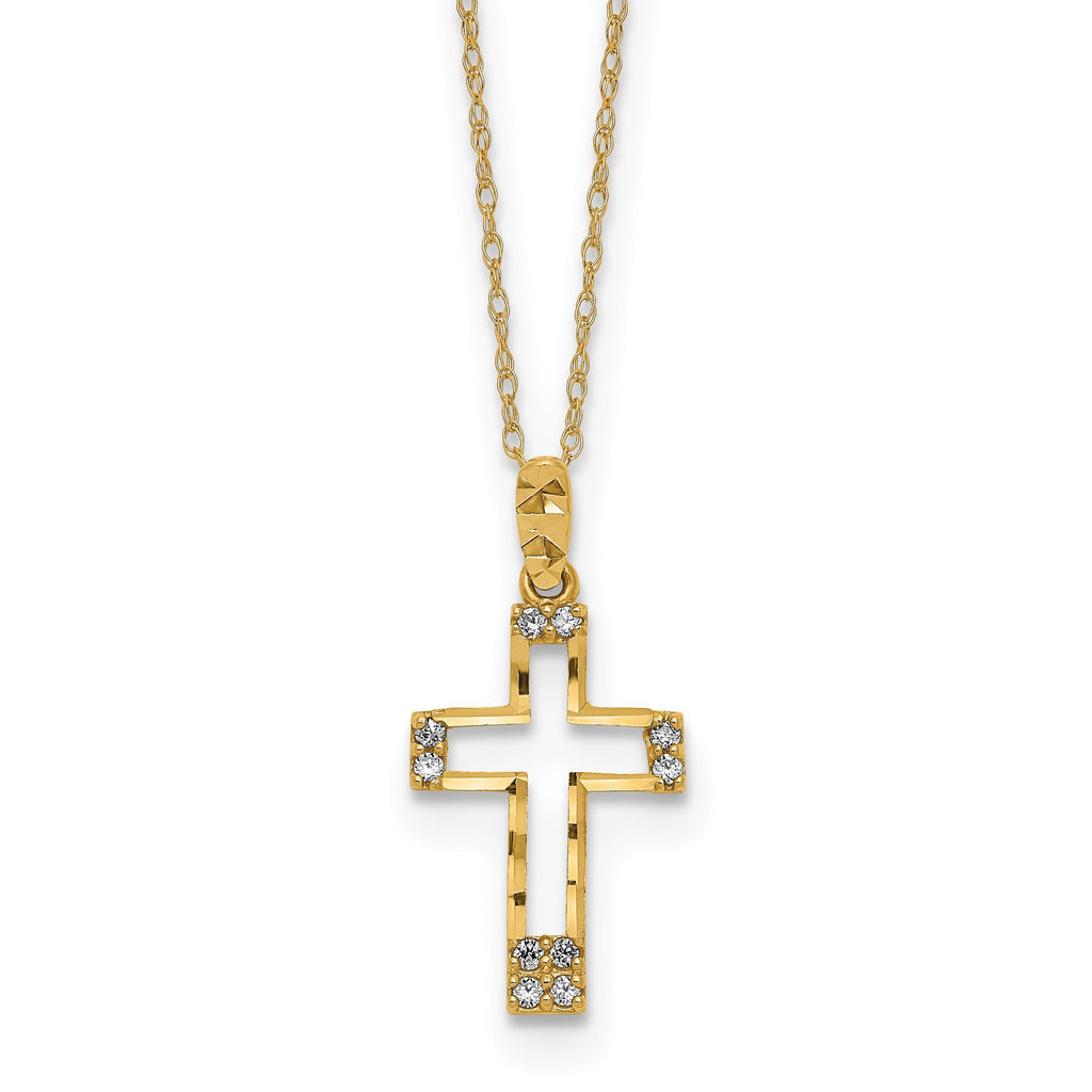 14K Gold CZ Cross Necklace with Polished Finish and Elegant Chain