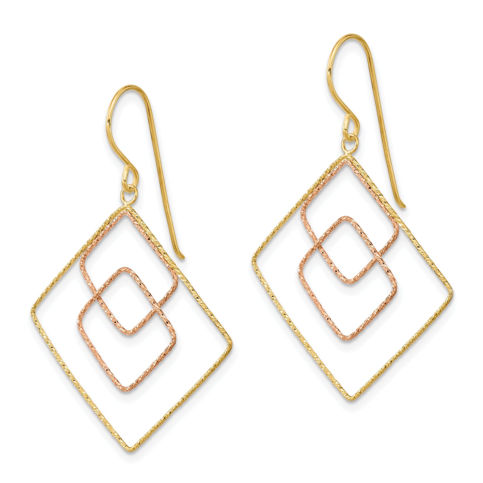14k Two-tone Diamond-cut Graduated Square Shepherd Hook Earrings Secondary image