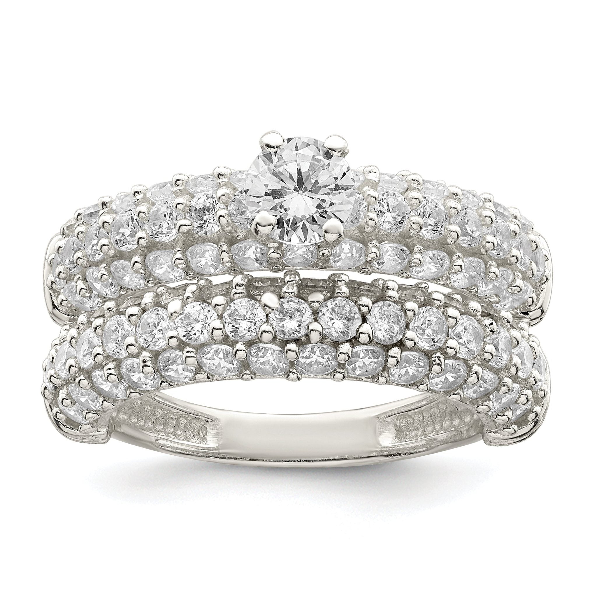 Sterling Silver Polished Pave CZ Wedding Ring Set Main image
