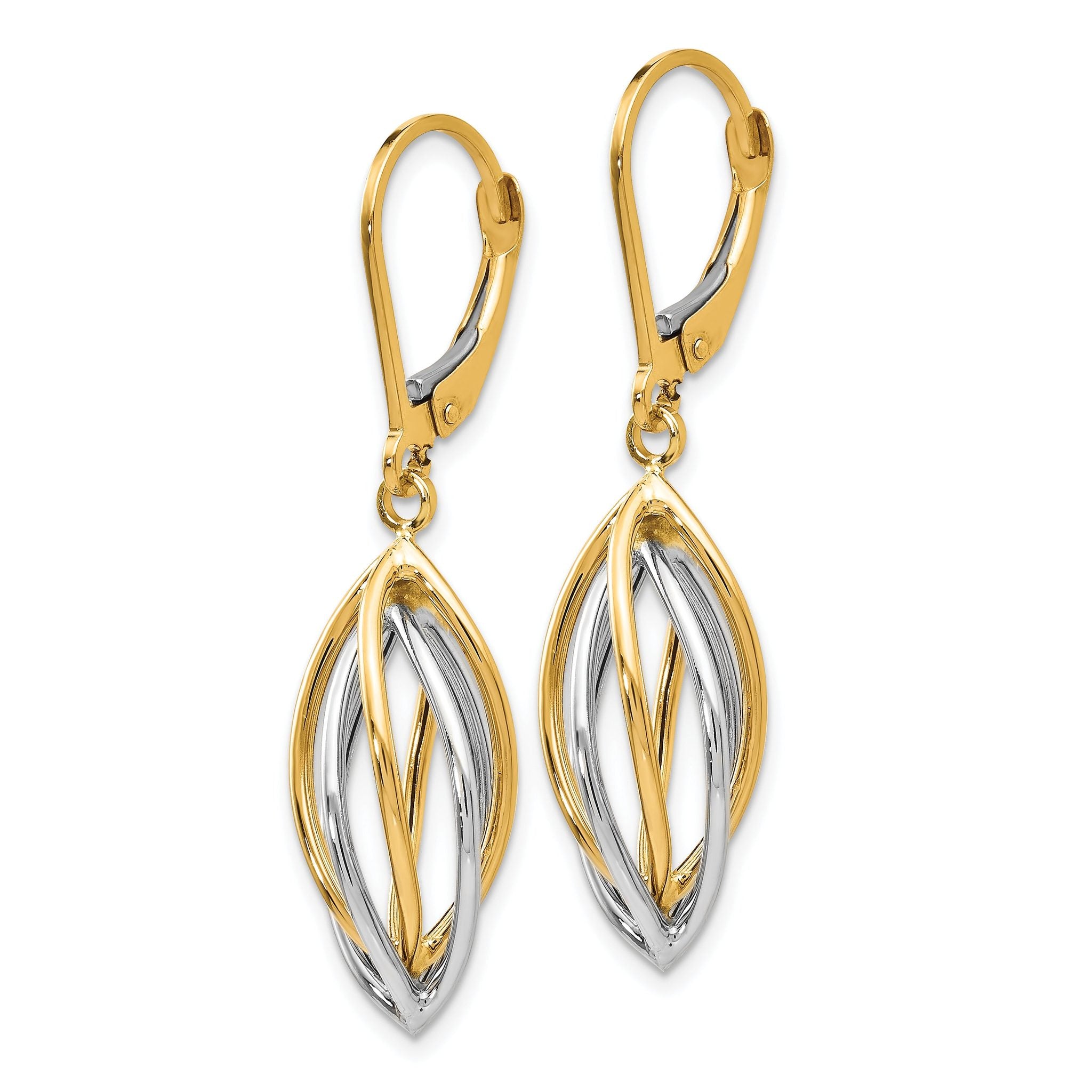 14K Two-Tone Gold Polished Leverback Earrings with Hollow Drop Design Secondary image