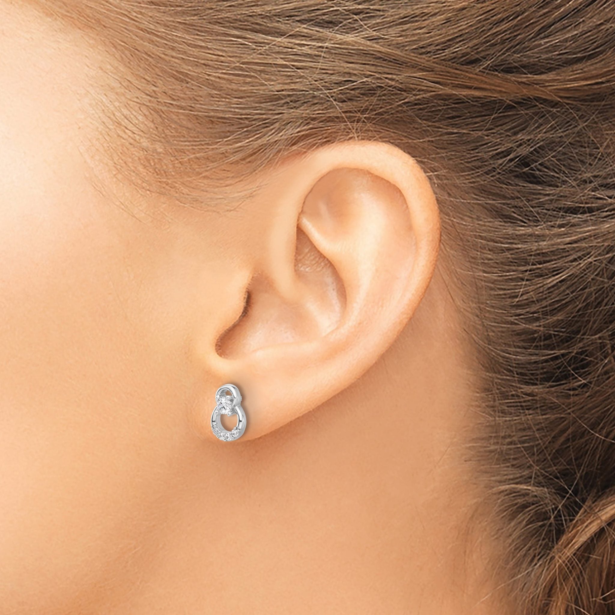 Sterling Silver Rhod-plated Polished Fancy CZ Double Circle Post Earrings