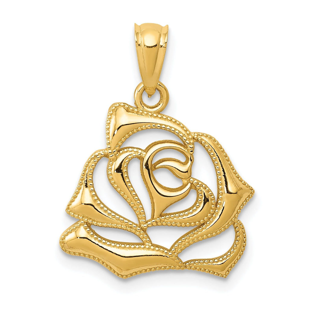 14K Gold Polished Open Rose Pendant  Elegant and Textured Design