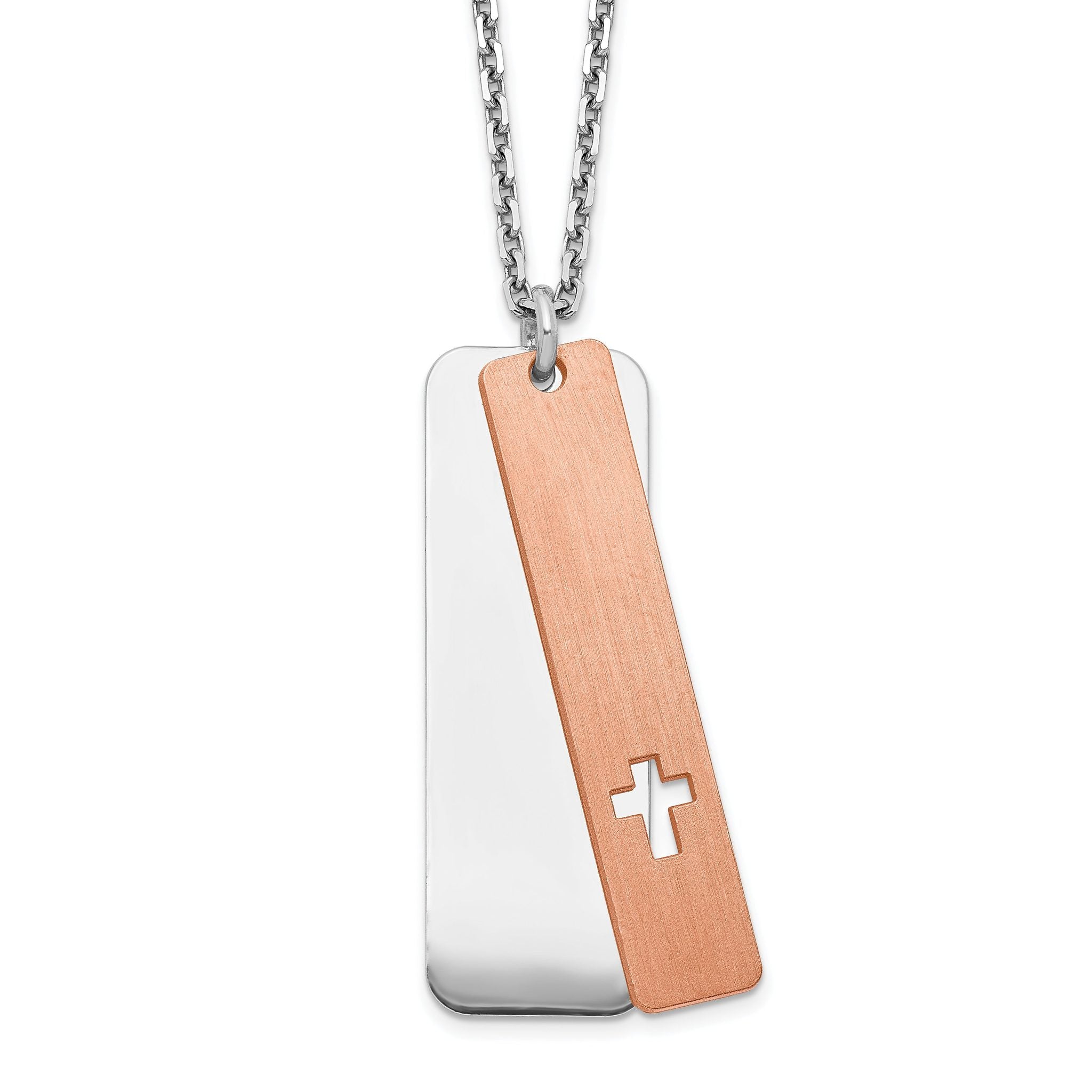Sterling Silver RH-plated Dogtag With Rose-tone Cross With 1.25in ext Necklace Main image