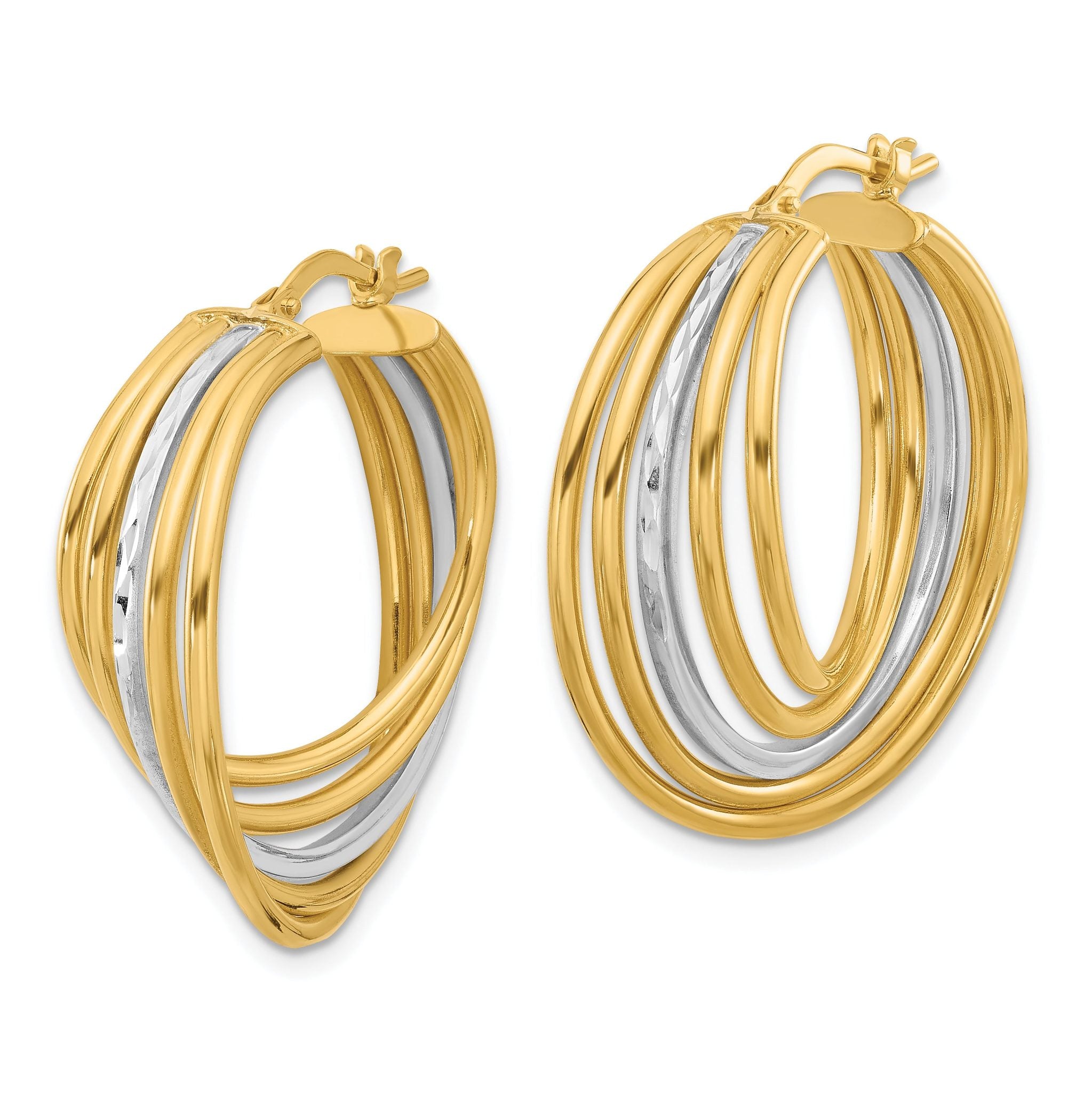 14K w/White Rhodium Polished and D/C Fancy Hoop Earrings Secondary image