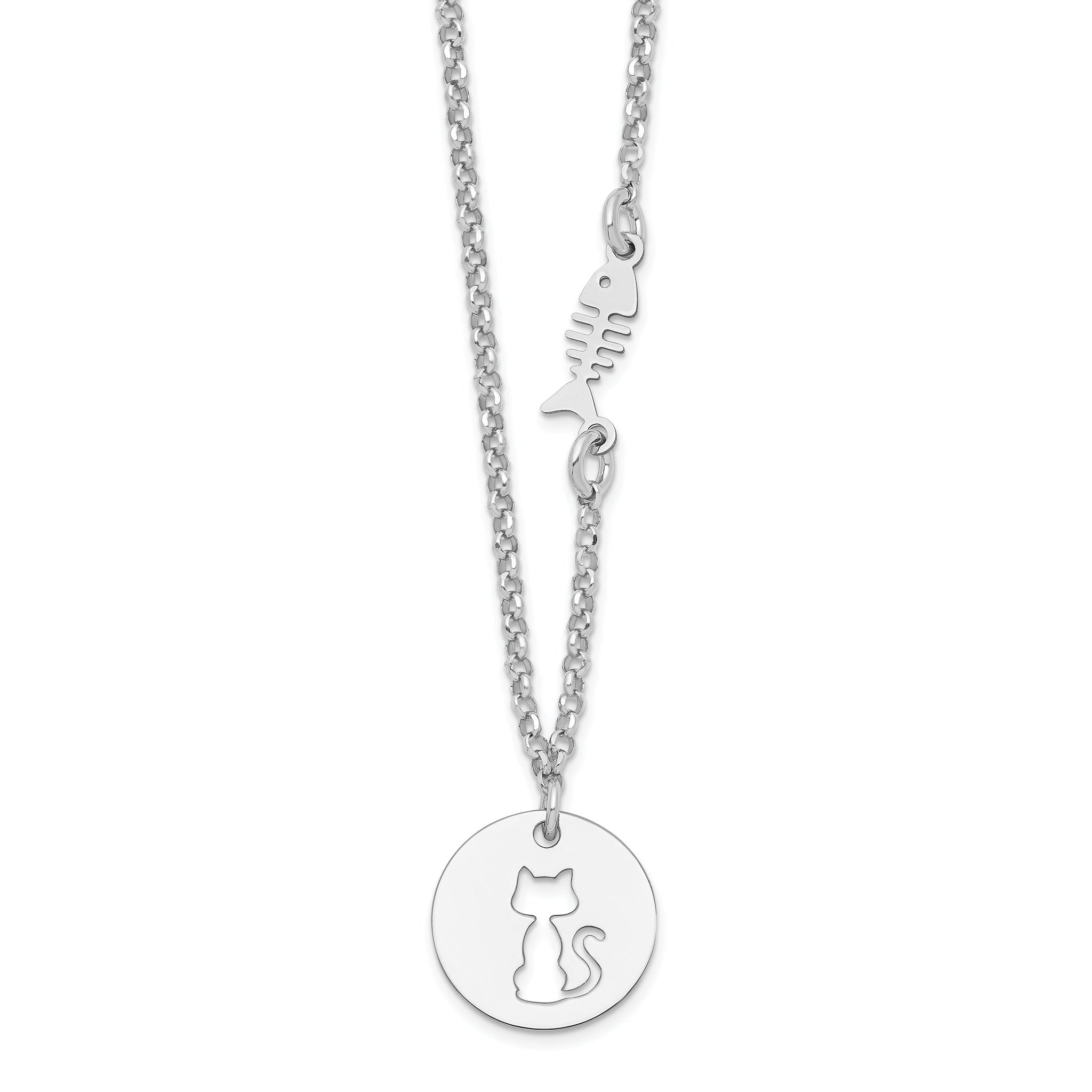 Sterling Silver Rhodium-plated Kitty and Fish w/1 in Ext Necklace
