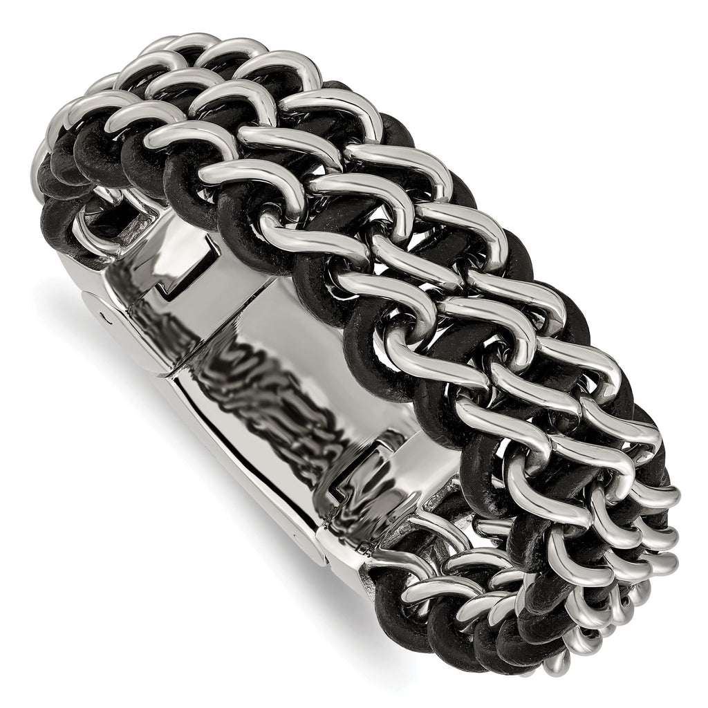 Stainless Steel Polished Black Leather Bracelet for Men