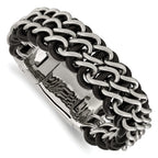 Stainless Steel Polished Black Leather Bracelet for Men