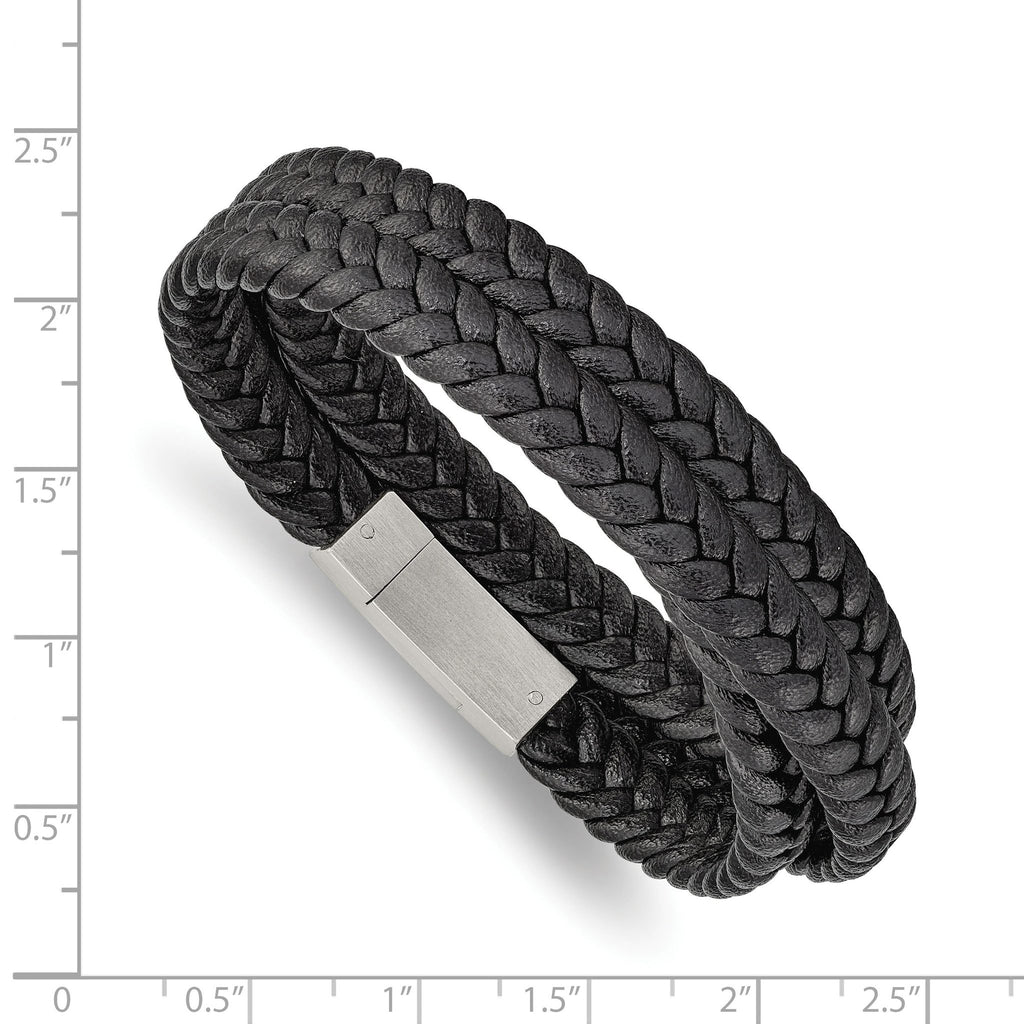 Stainless Steel Brushed Black Braided Leather Wrap Bracelet for Men