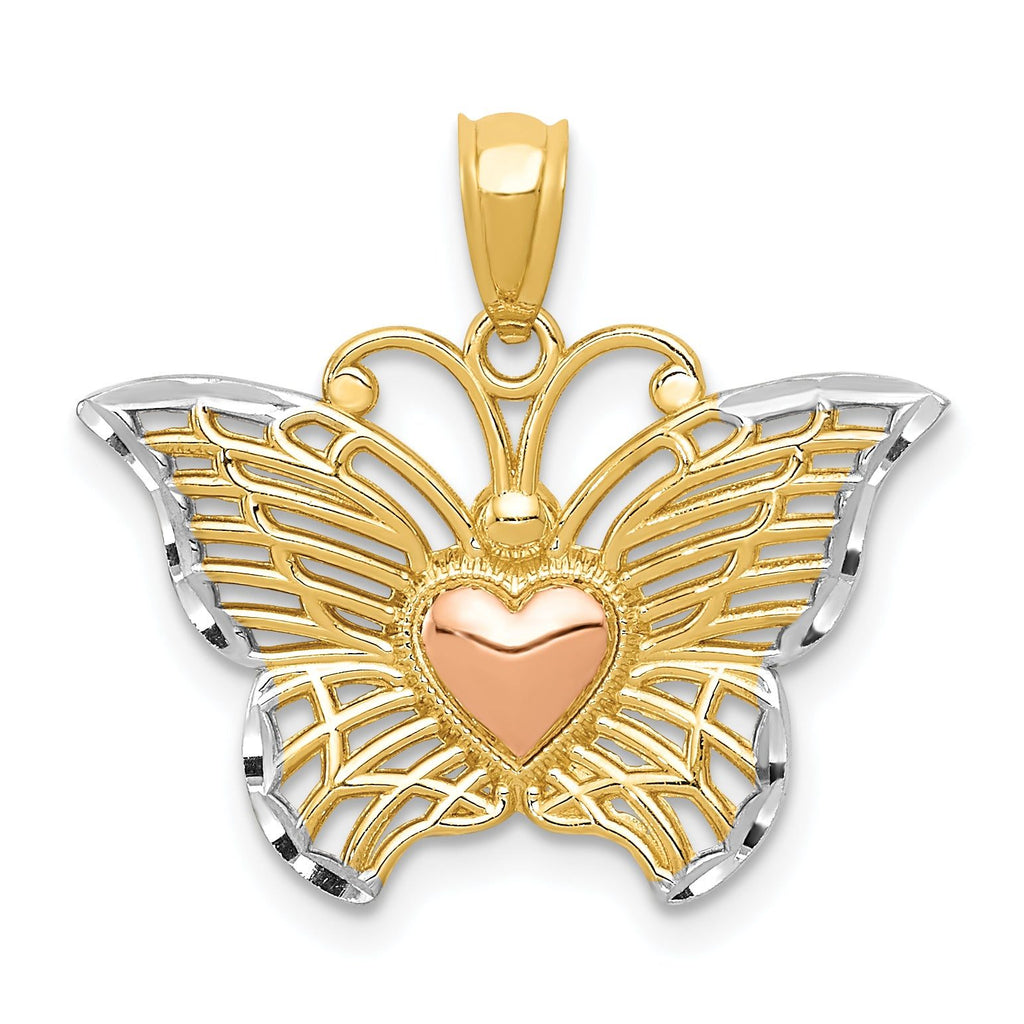 14K Two-Tone Gold Butterfly Heart Pendant with White Rhodium Detailing, Polished Finish