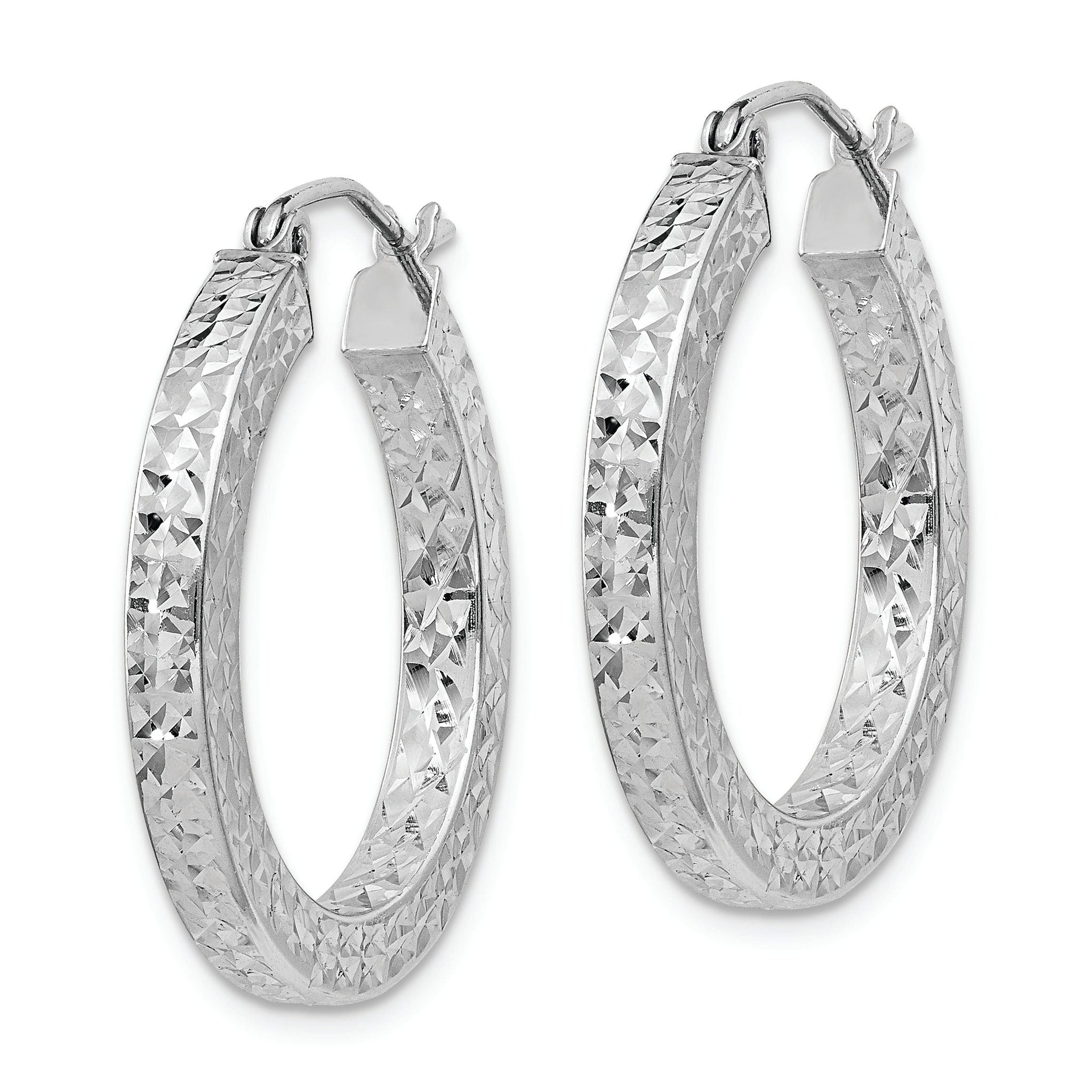 Sterling Silver Rhodium-plated Diamond-cut 3x25mm Square Tube Hoop Earrings Secondary image
