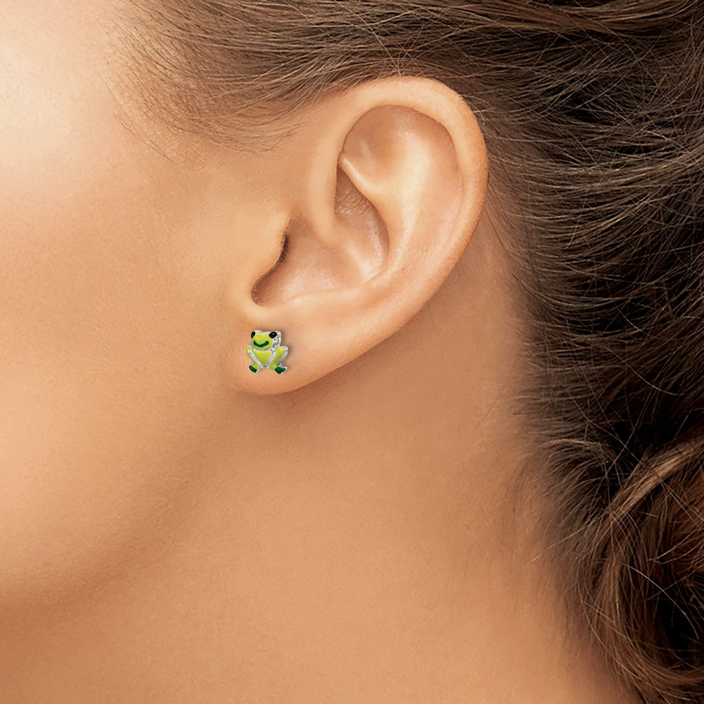 Sterling Silver Enamel Frog Child's Earrings with Polished Finish