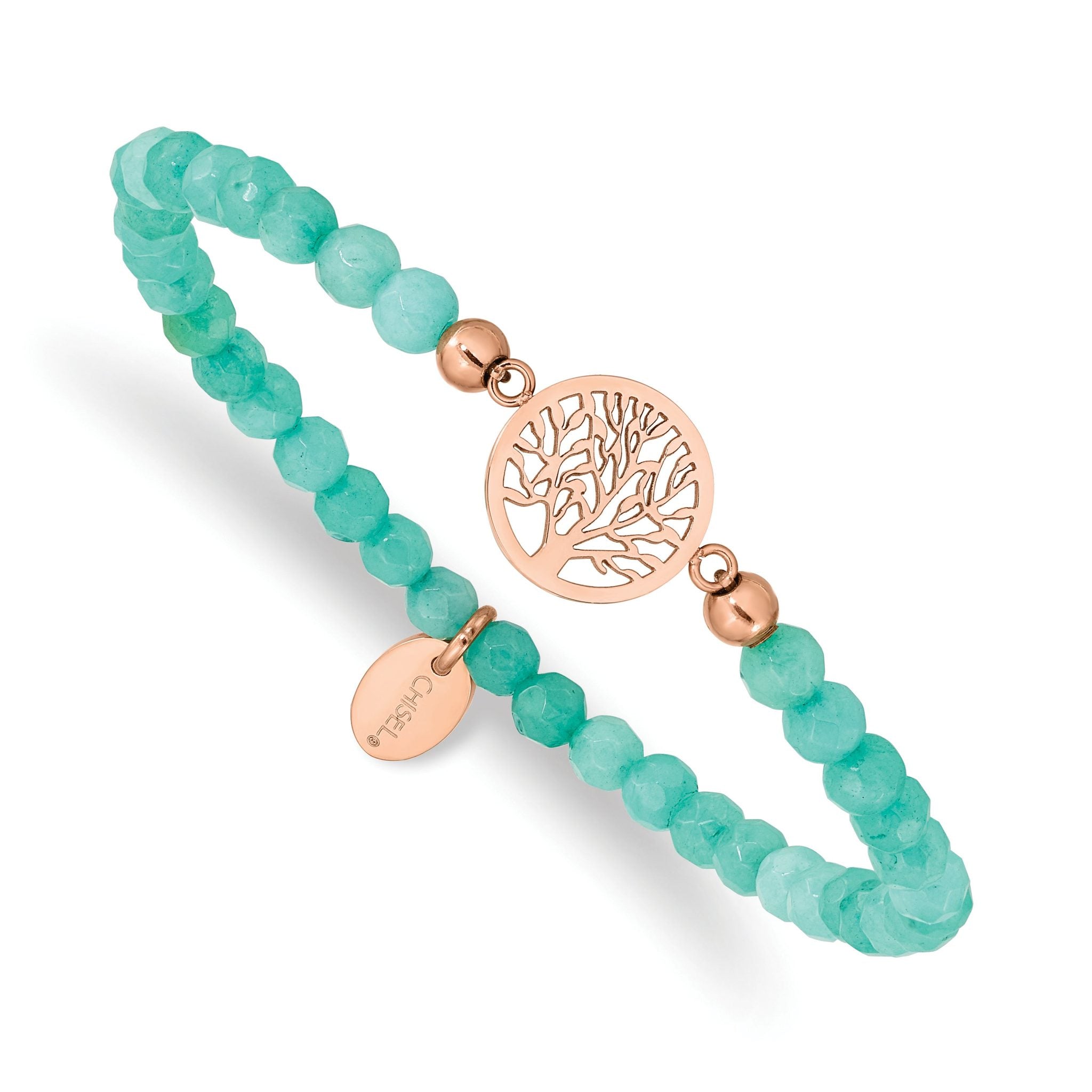 Stainless Steel Polished Rose IP-plated Tree of Life 4mm Mint Jade Beaded Stretch Bracelet for Women