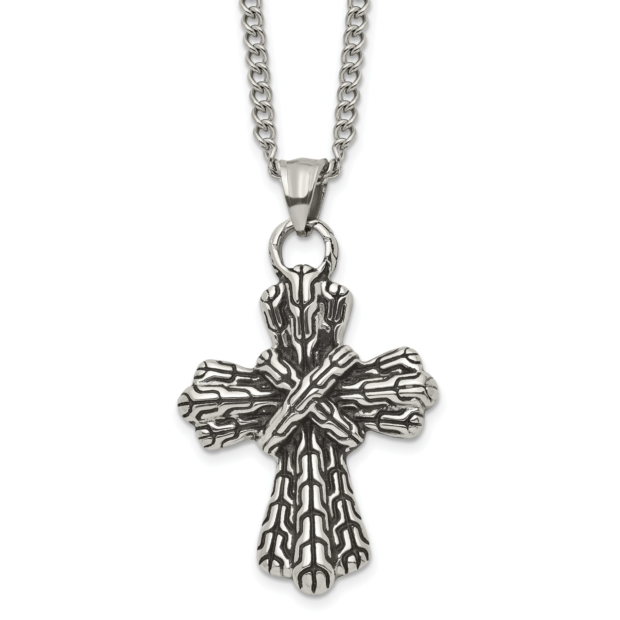 Stainless Steel Antiqued Polished and Textured Cross 24in Necklace Main image