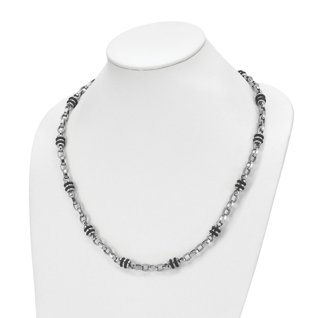 Chisel Stainless Steel Polished with Black Rubber Barrel Link 22 inch Necklace