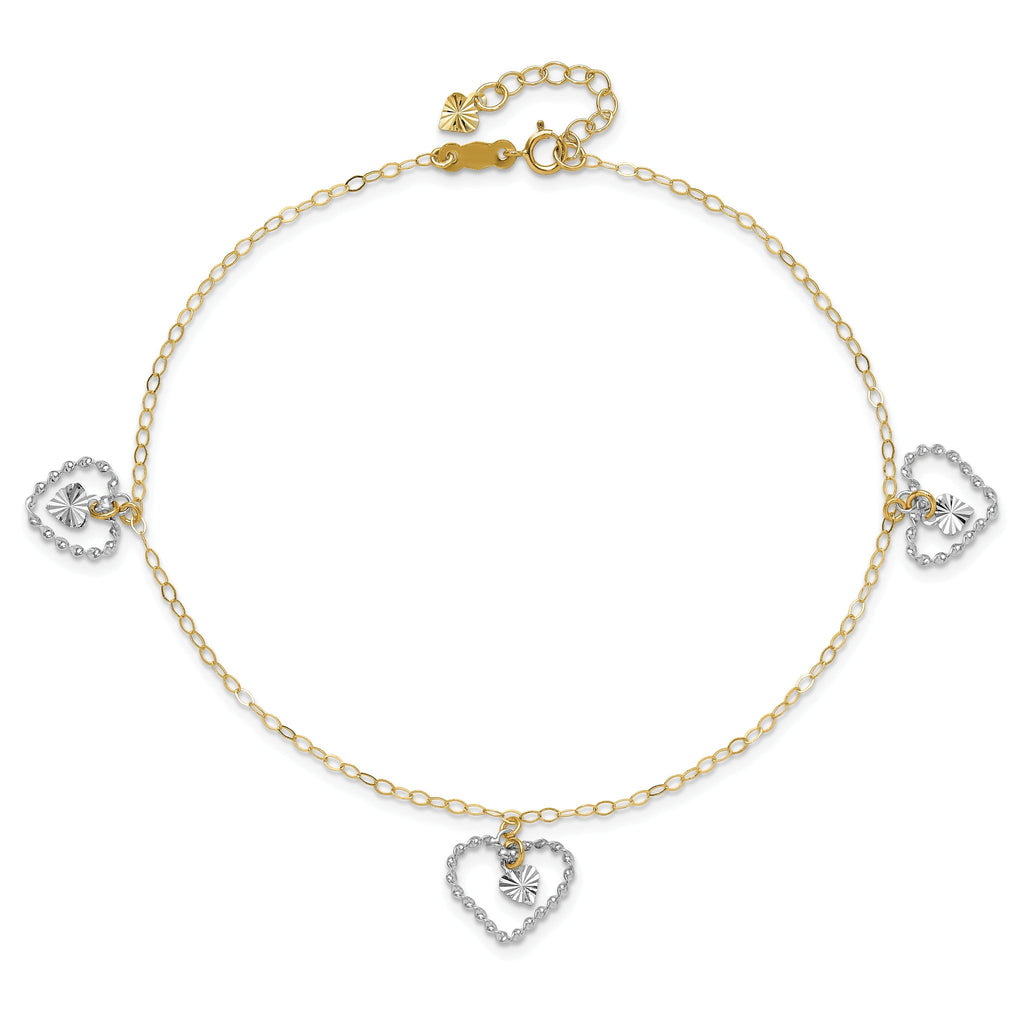 14K Two-tone Twisted Diamond-cut 3 Heart Dangles 9 inch Plus 1 inch Extender - Total 10 inch Anklet