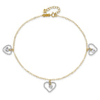 14K Two-tone Twisted Diamond-cut 3 Heart Dangles 9 inch Plus 1 inch Extender - Total 10 inch Anklet