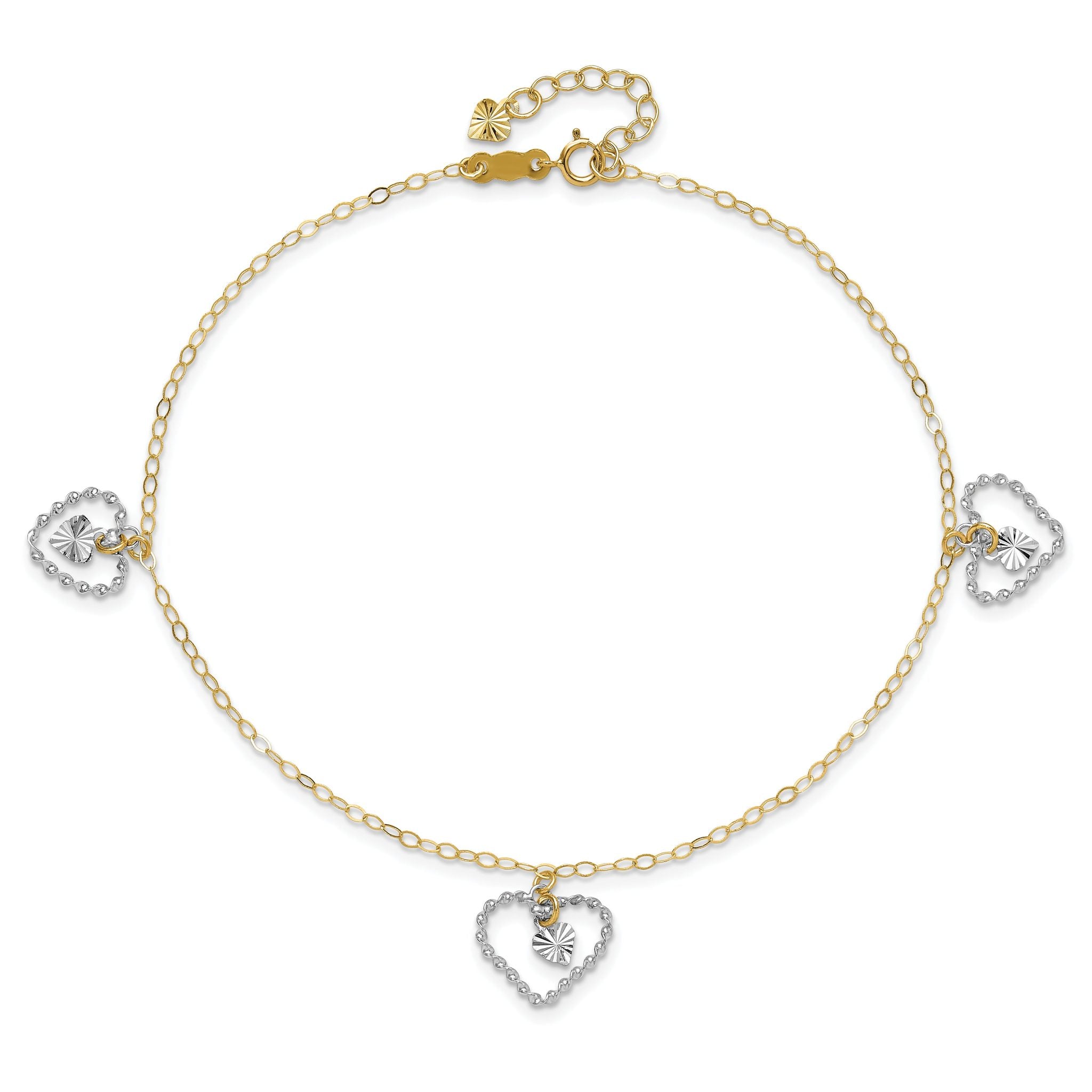 14K Two-tone Twisted Diamond-cut 3 Heart Dangles 9 inch Plus 1 inch Extender - Total 10 inch Anklet