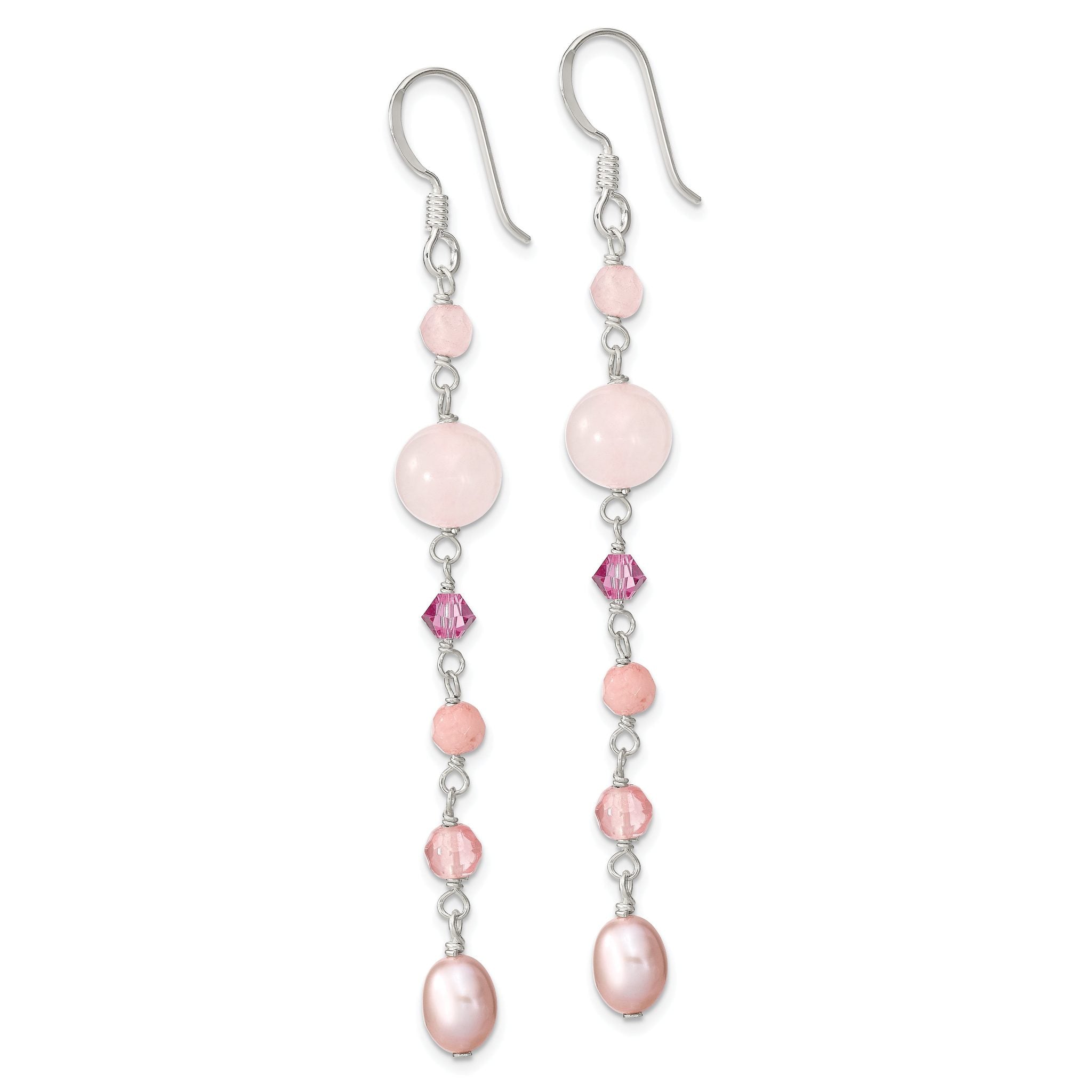 Sterling Silver Polished Pink FWC Pearl, Pink Jade, Rosaline, Cherry & Rose Quartz Dangle Earrings Secondary image