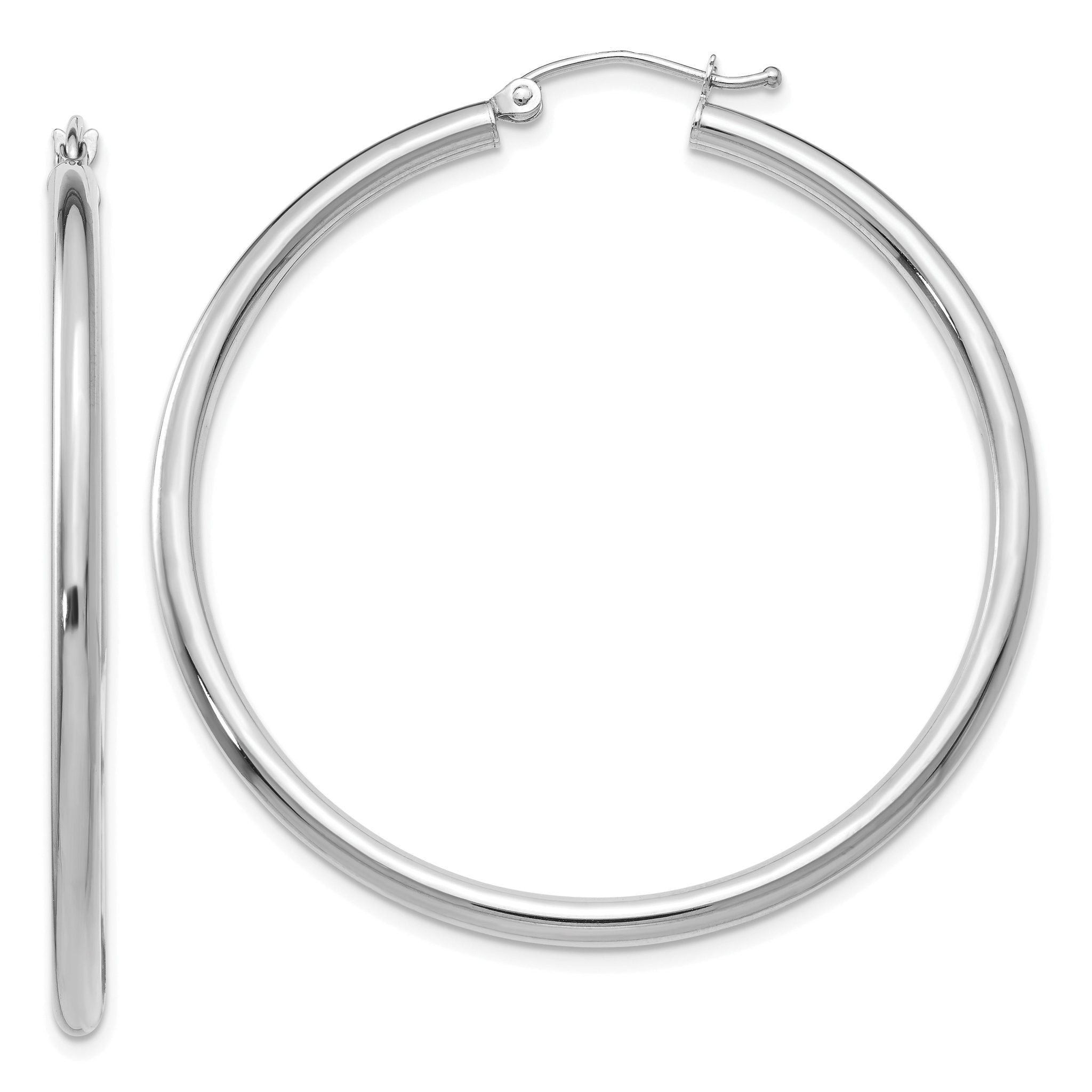 10K White Gold Hoop Earrings with Polished Finish, 2.5mm Tube, 40mm Size