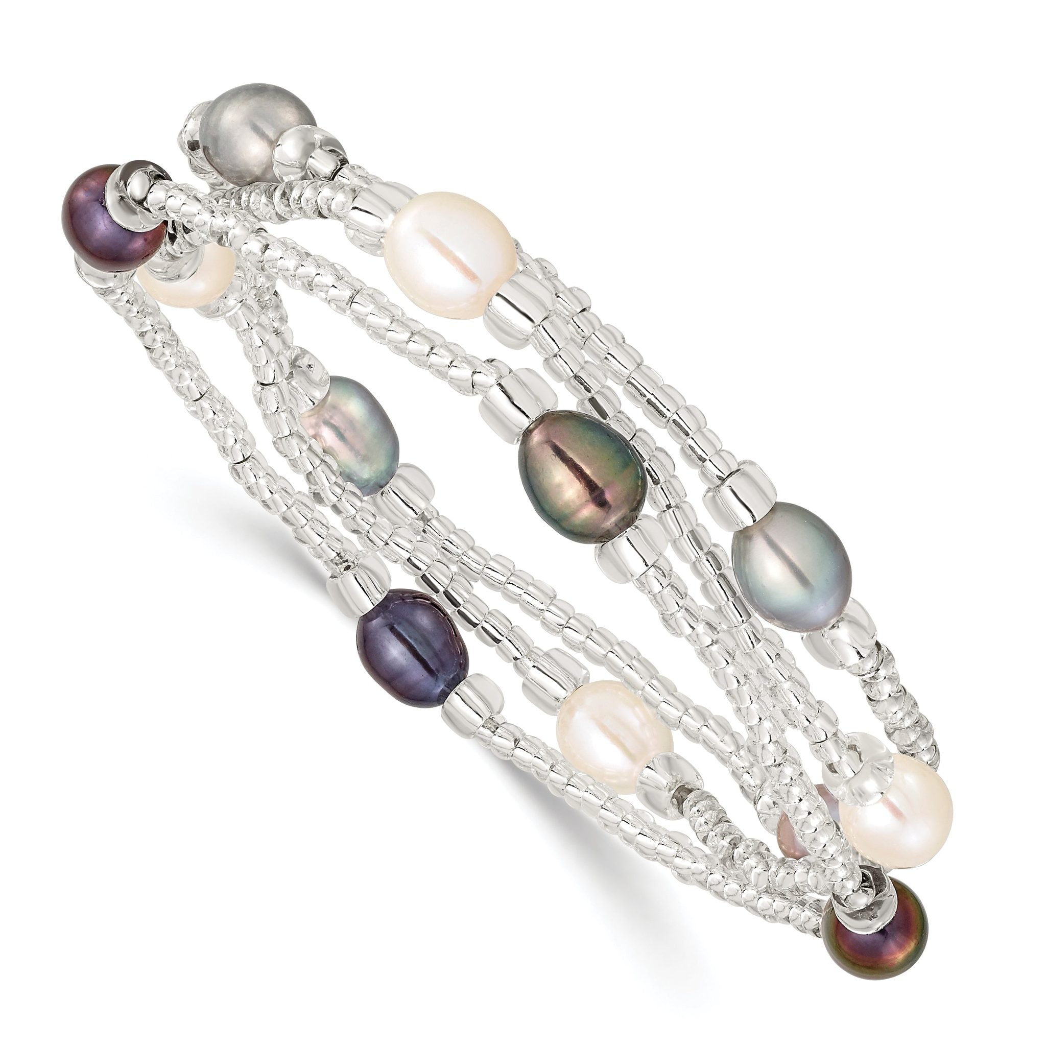 6-8mm White, Black and Grey Rice Freshwater Cultured Pearl and Glass Bead Stretch 3-Bracelet Set