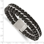 Stainless Steel Brushed and Polished Black Leather Bracelet for Men
