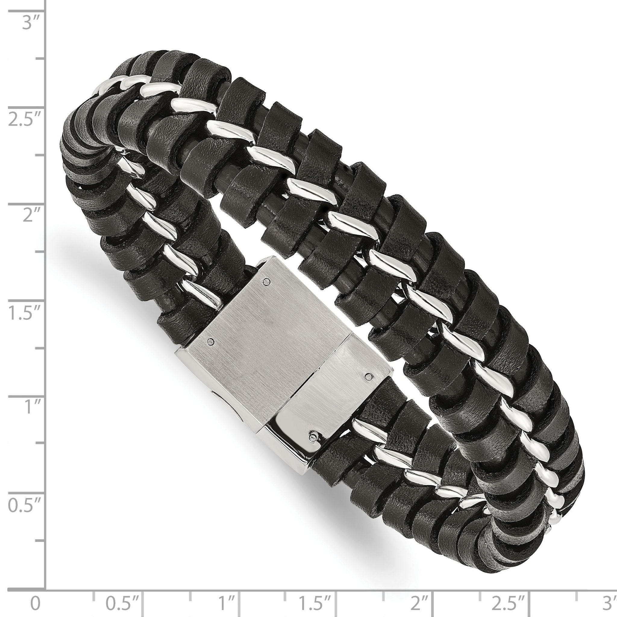 Stainless Steel Brushed and Polished Black Leather Bracelet for Men