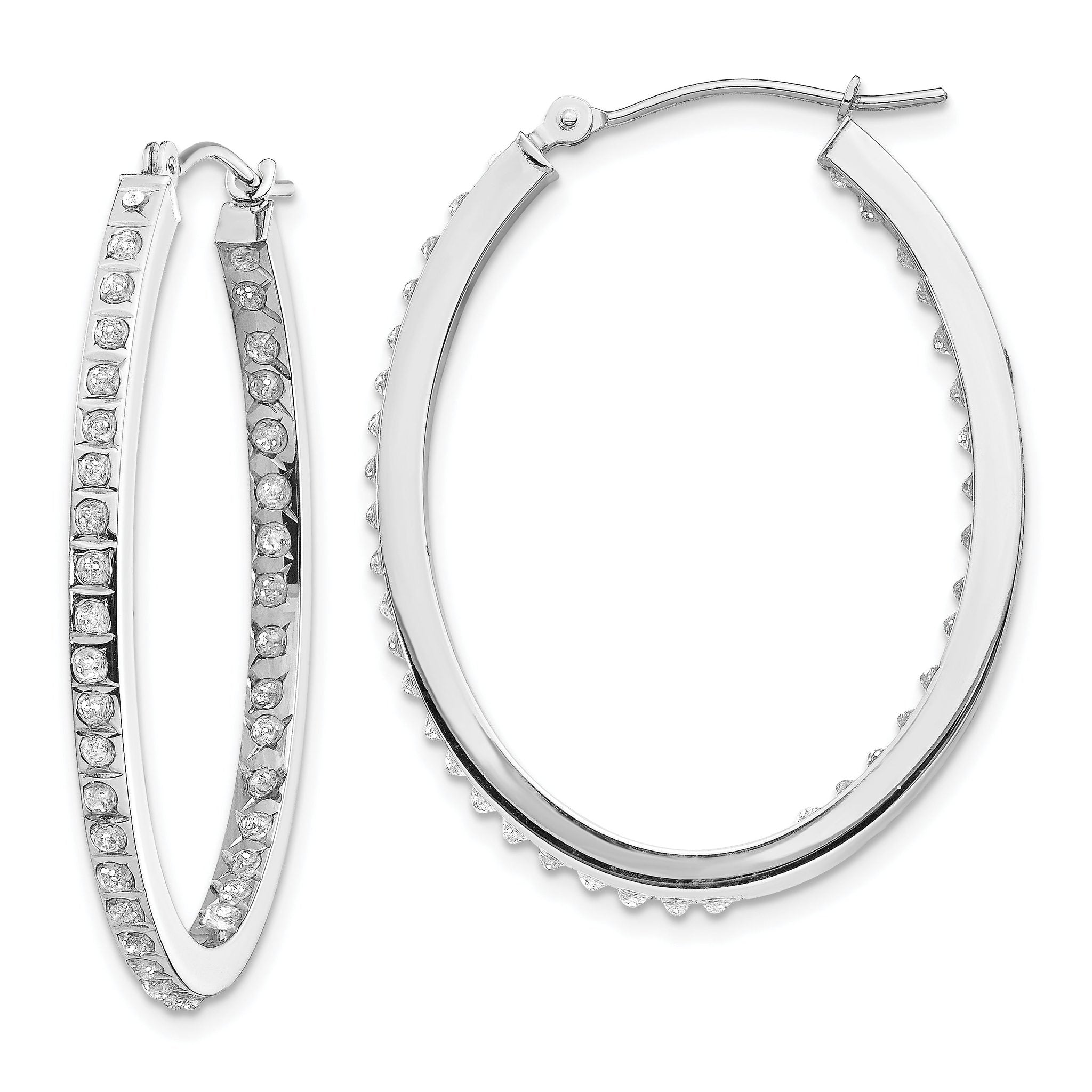 14K White Gold Diamond Oval Hoop Earrings with Polished Rhodium Finish