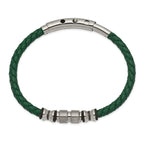 Stainless Steel Brushed and Polished Black IP-plated with Rubber Green Braided Leather Adjustable 7.75 to Bracelet for Men