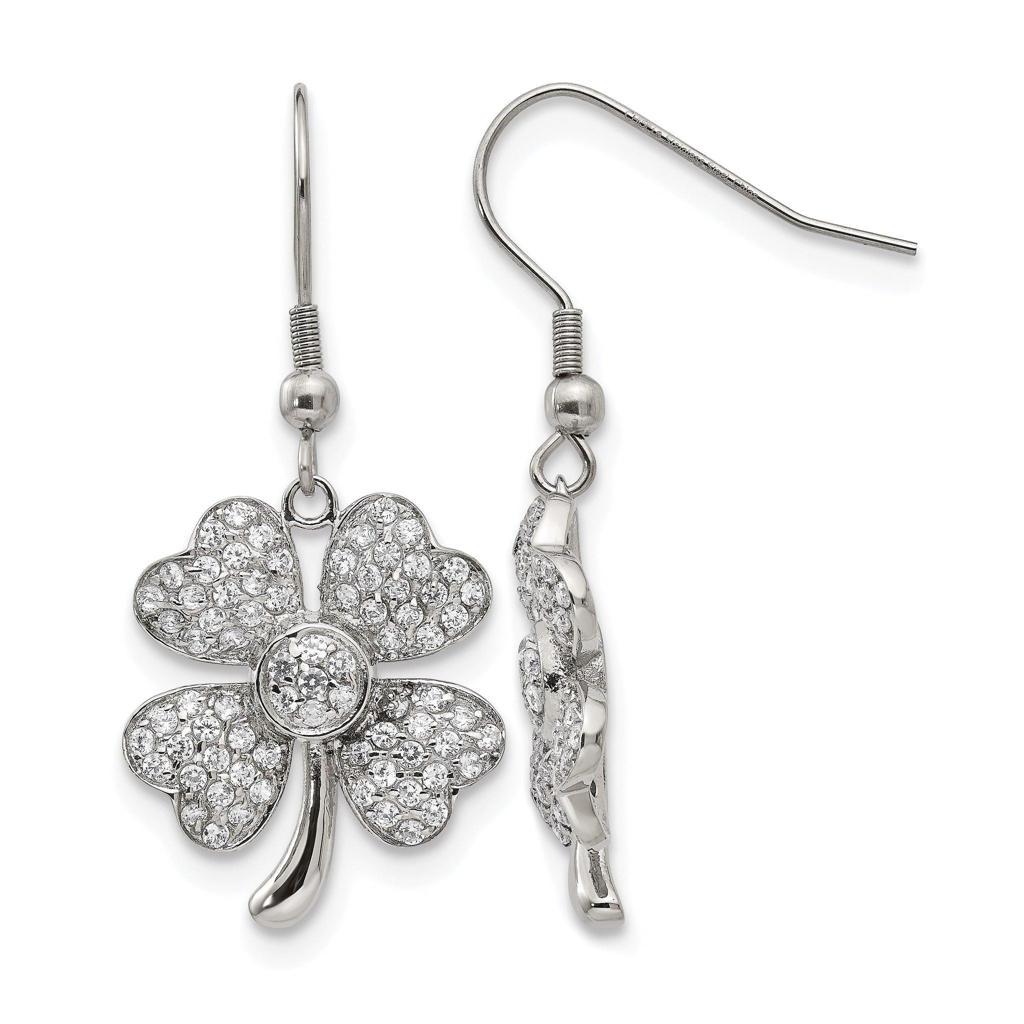 Stainless Steel Polished Leaf Cubic Zirconia Drop Dangle Earrings for Women