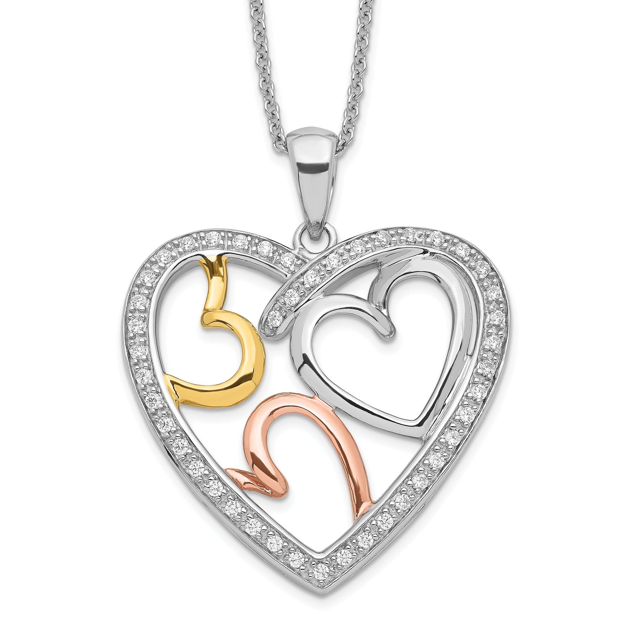 Sentimental Expressions Sterling Silver Rhodium Rose and Gold-plated CZ The Bond of Love Heart 18 inch Necklace with Poem Card Main image