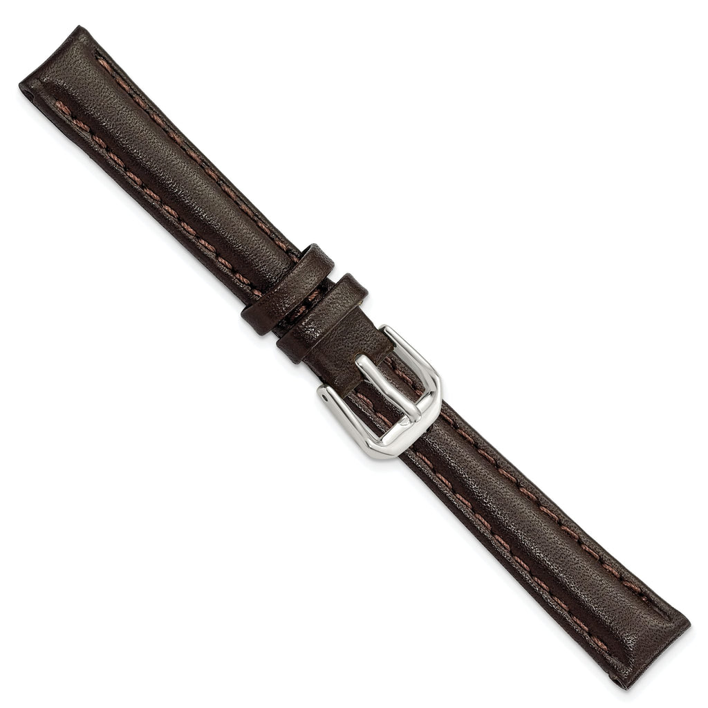 Smooth Leather Watch Band in Dark Brown with Silver-Tone Buckle, 12mm