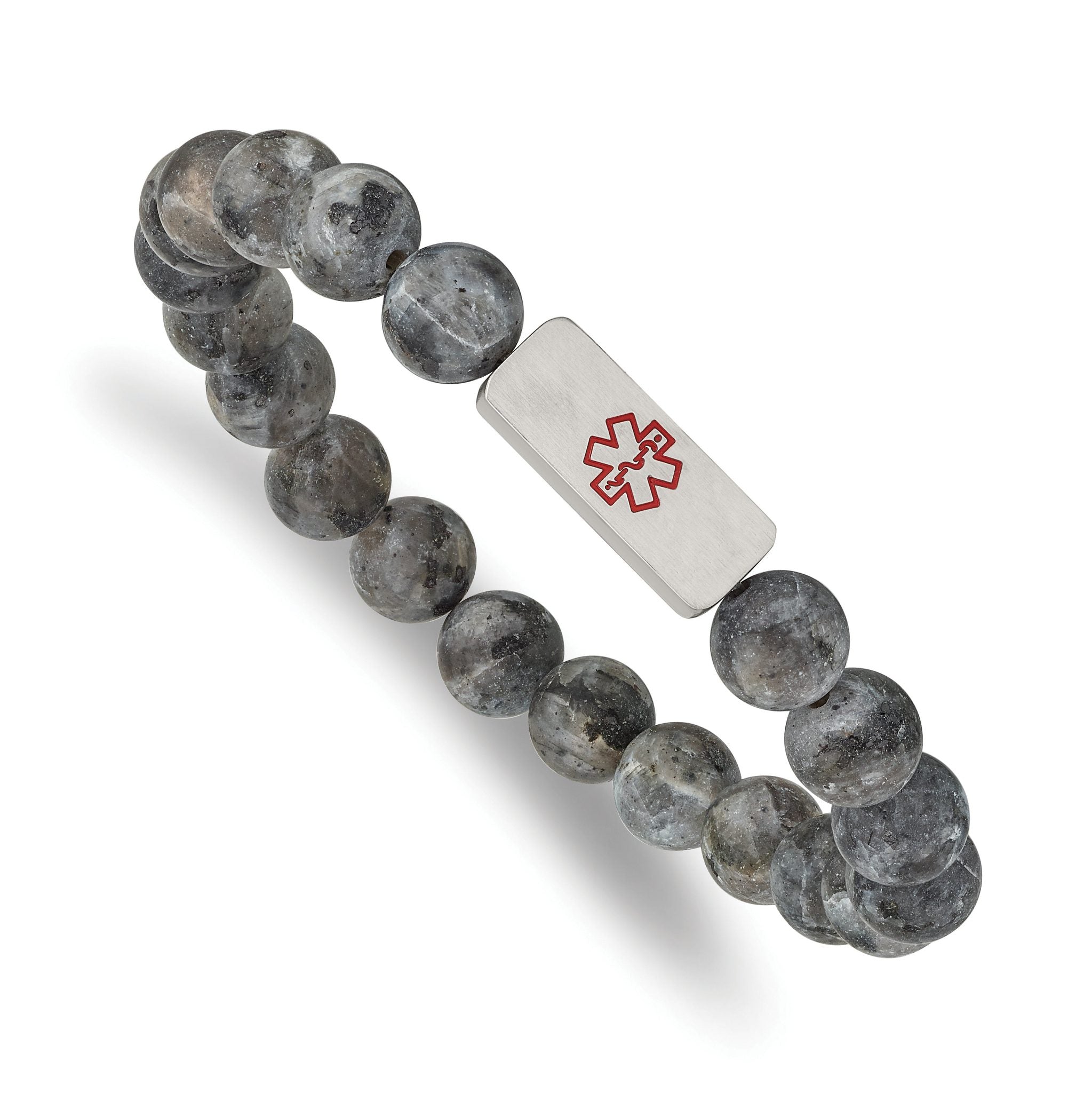 Stainless Steel Brushed with Red Enamel Medical ID 8.5mm Labradorite Beaded Stretch Bracelet Main image
