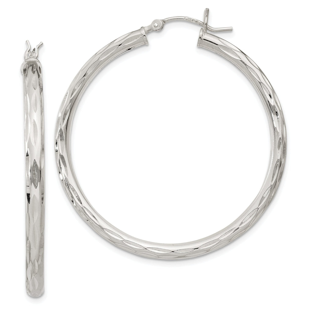 Sterling Silver Diamond-cut Satin 3x40mm Hoop Earrings