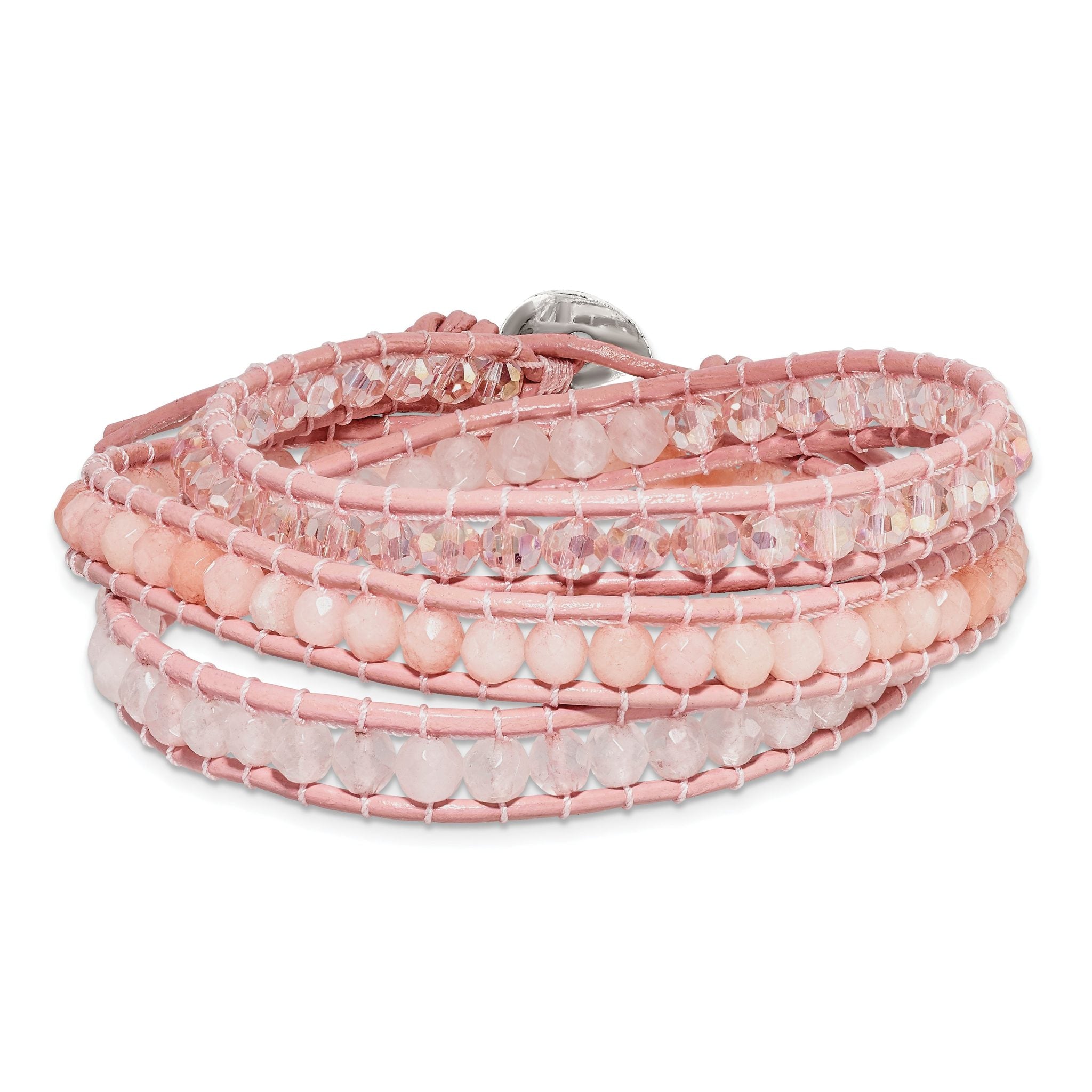 Leather Rose/Pink Quartz Crystal Multi Wrap/ Button Bracelet Main image
