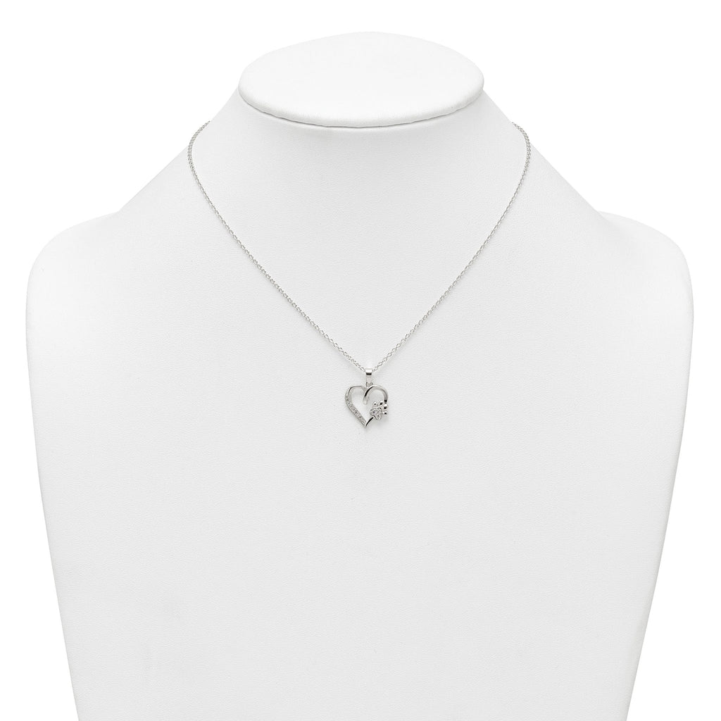 Sterling Silver Polished White CZ Heart and Paw Print 16 inch Necklace