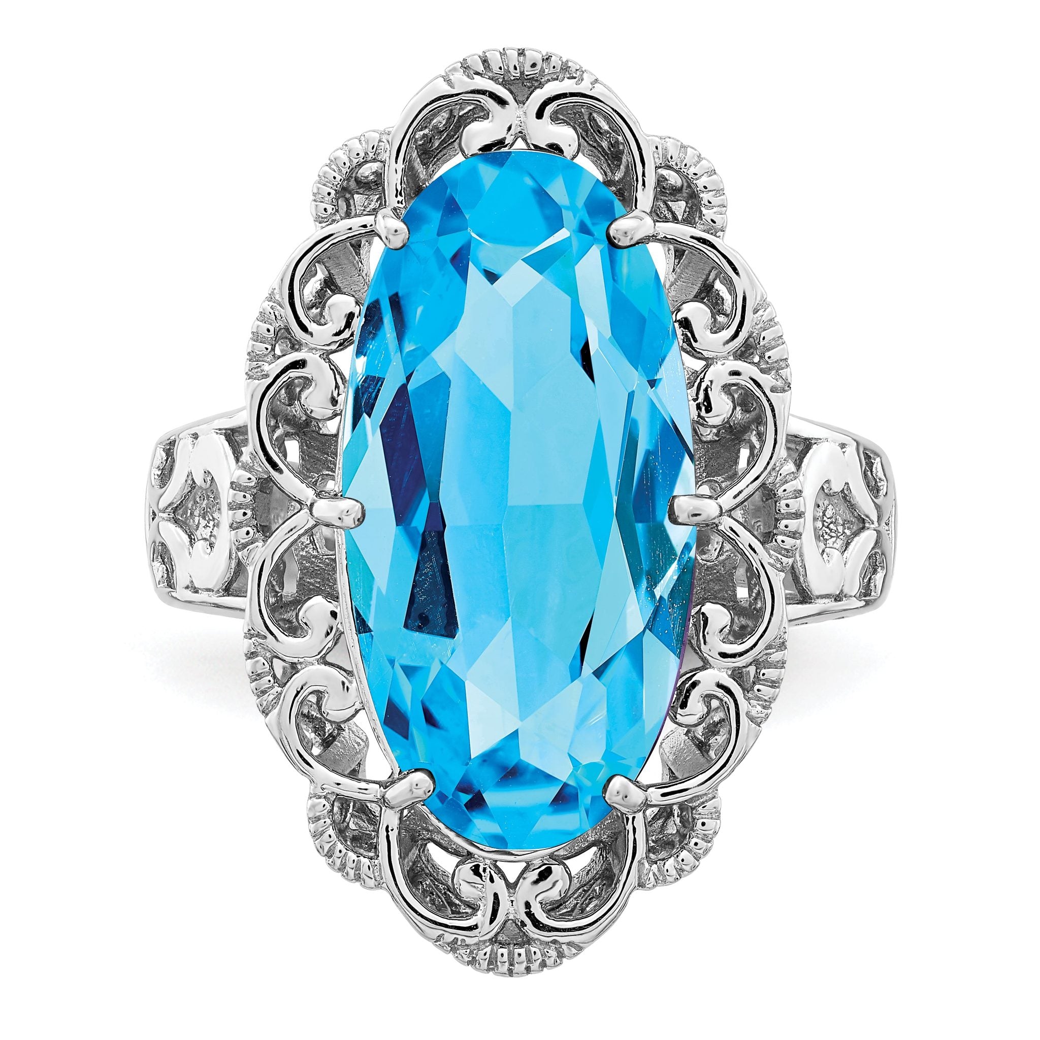 Sterling Silver Rhodium Oval Blue Topaz Ring