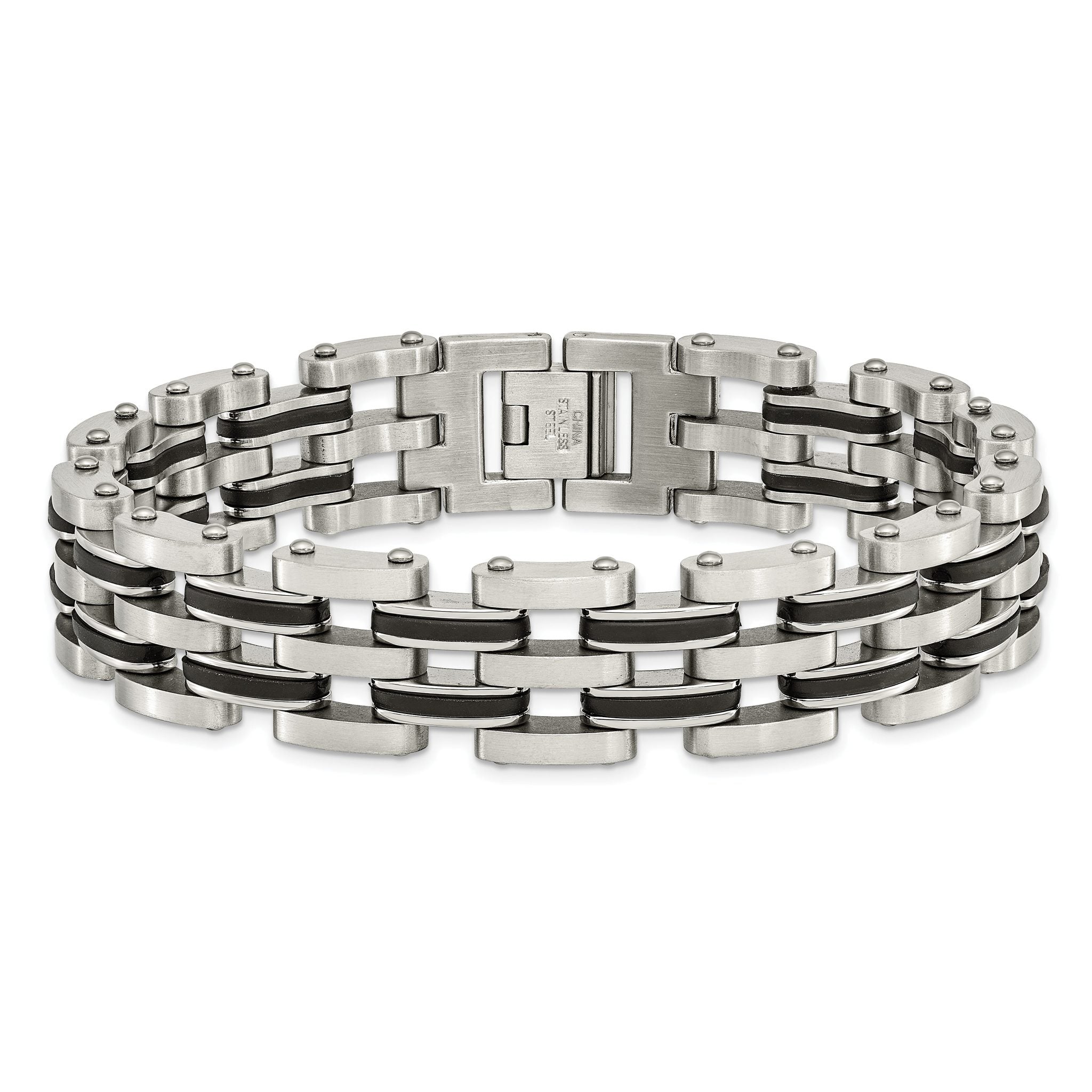 Stainless Steel Brushed and Polished with Black Rubber Link Bracelet for Men