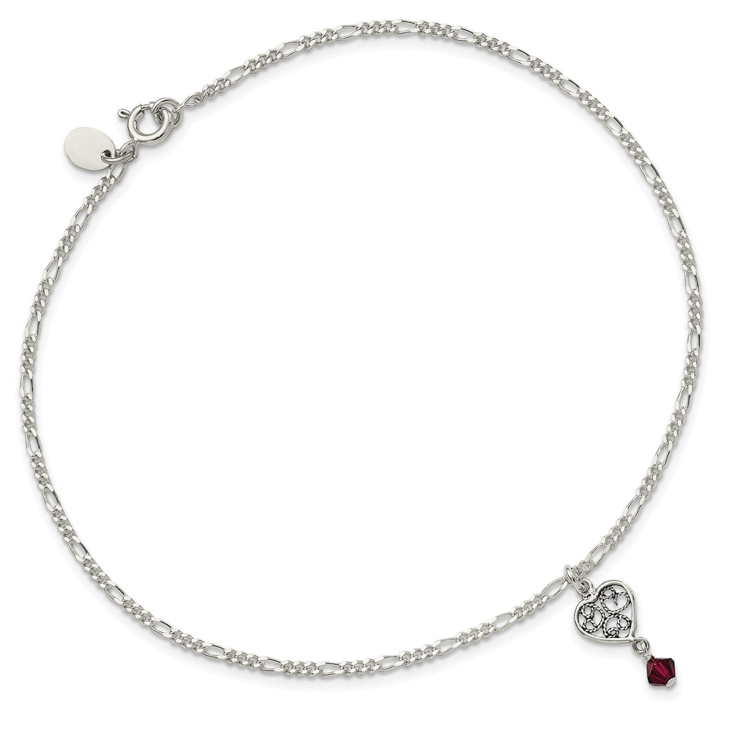 Sterling Silver Dark Pink Crystal Dangling Antiqued Heart 9 inch Anklet