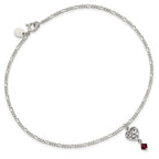 Sterling Silver Dark Pink Crystal Dangling Antiqued Heart 9 inch Anklet